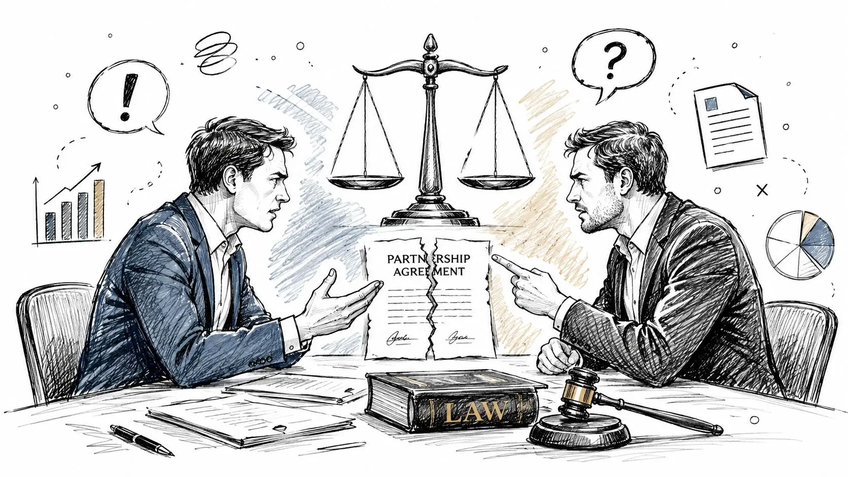 Two professional men in suits arguing over a torn partnership agreement in a legal office setting.