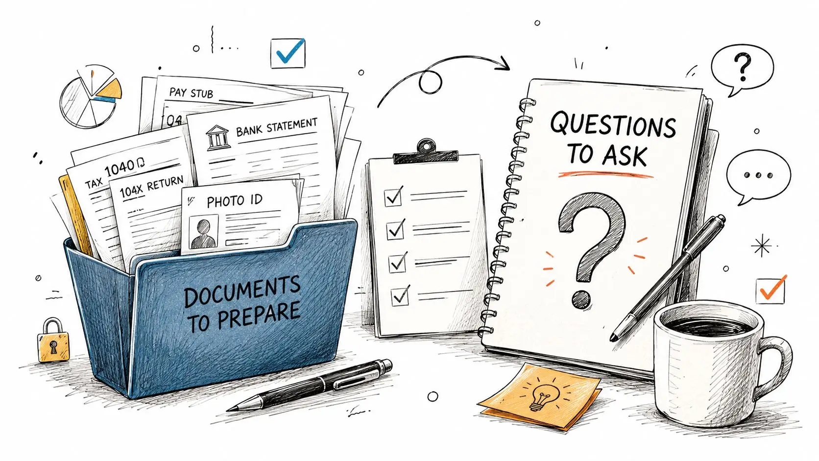 A hand-drawn illustration showing a folder labeled Documents to Prepare and a notebook titled Questions to Ask.