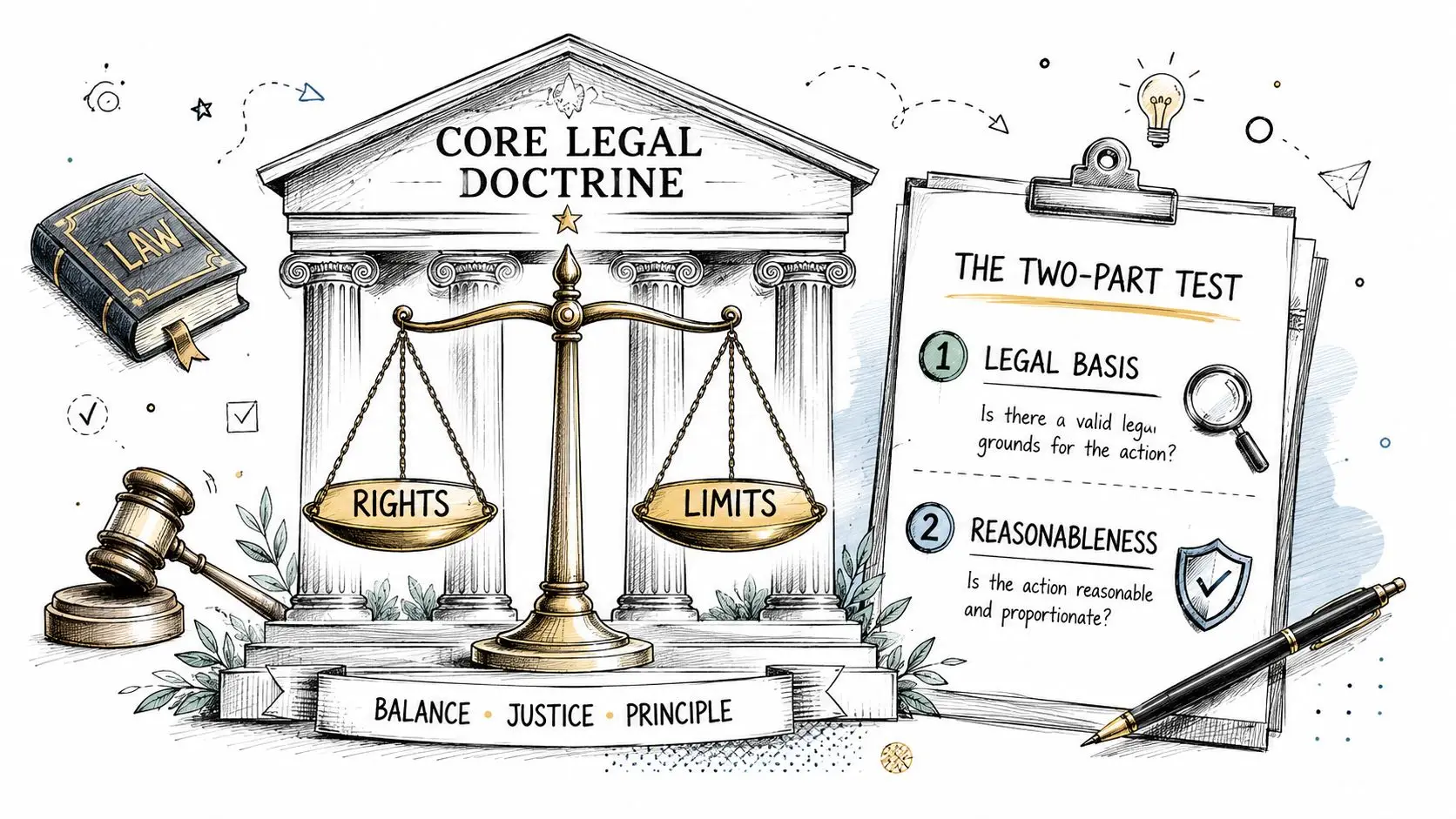 A courtroom graphic showing a scale of justice balancing rights and limits under core legal doctrine.