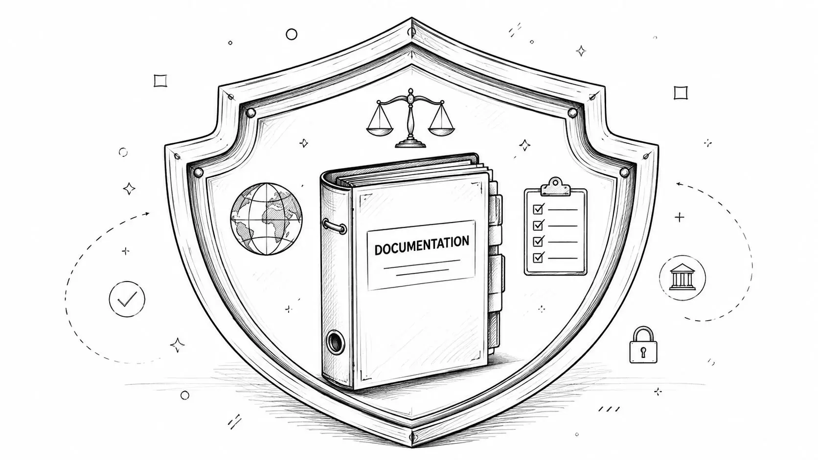 A line drawing of a binder labeled documentation inside a protective shield surrounded by business icons.