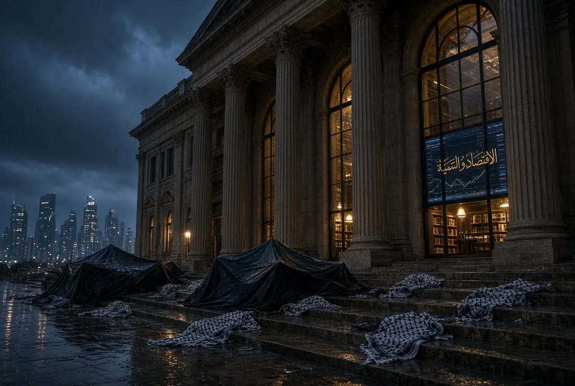 Dramatic rainy night view of a grand Western university building with empty protest tents and keffiyeh scarves on the steps, Doha skyline visible in the distance, symbolizing foreign influence on Western academia