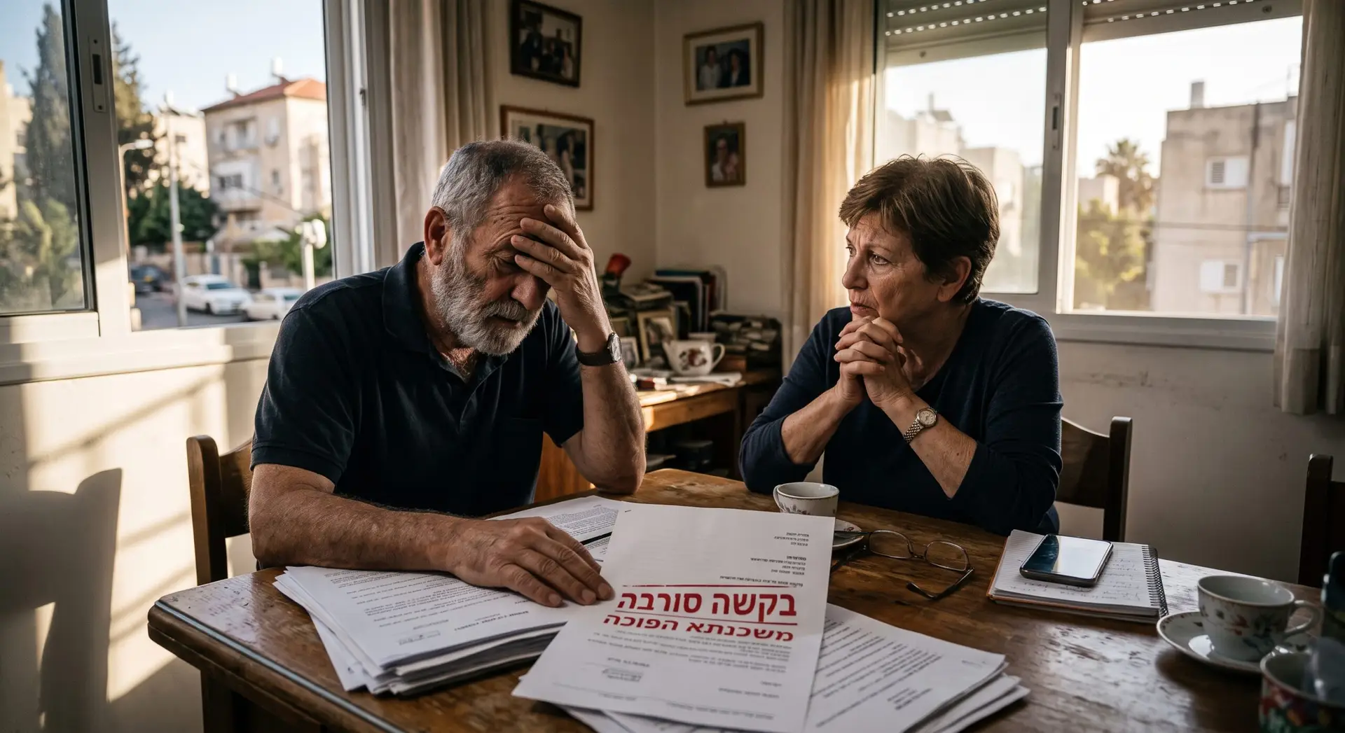 זוג מבוגרים יושבים מודאגים לצד מכתב סירוב למשכנתא הפוכה בדירתם