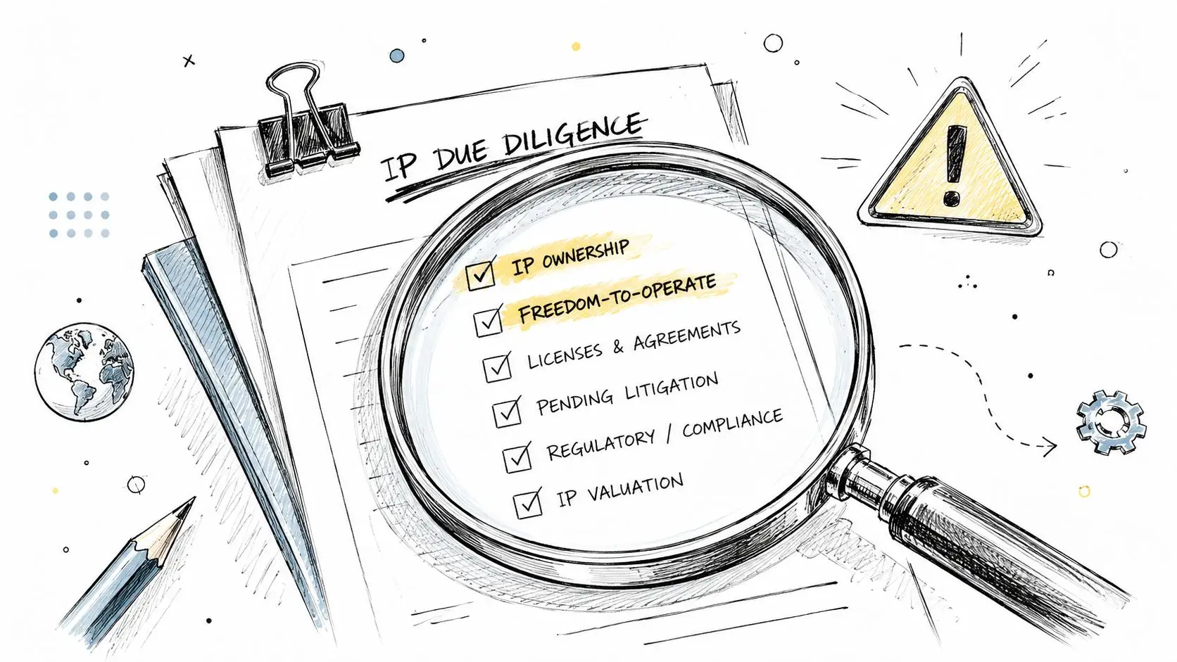 A magnifying glass inspecting an IP due diligence checklist featuring ownership, freedom-to-operate, licenses, litigation, compliance, and valuation.
