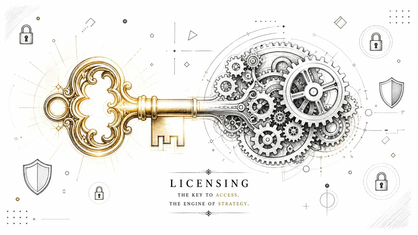 A golden skeleton key integrated with intricate mechanical gears on a white background, representing business licensing strategies.
