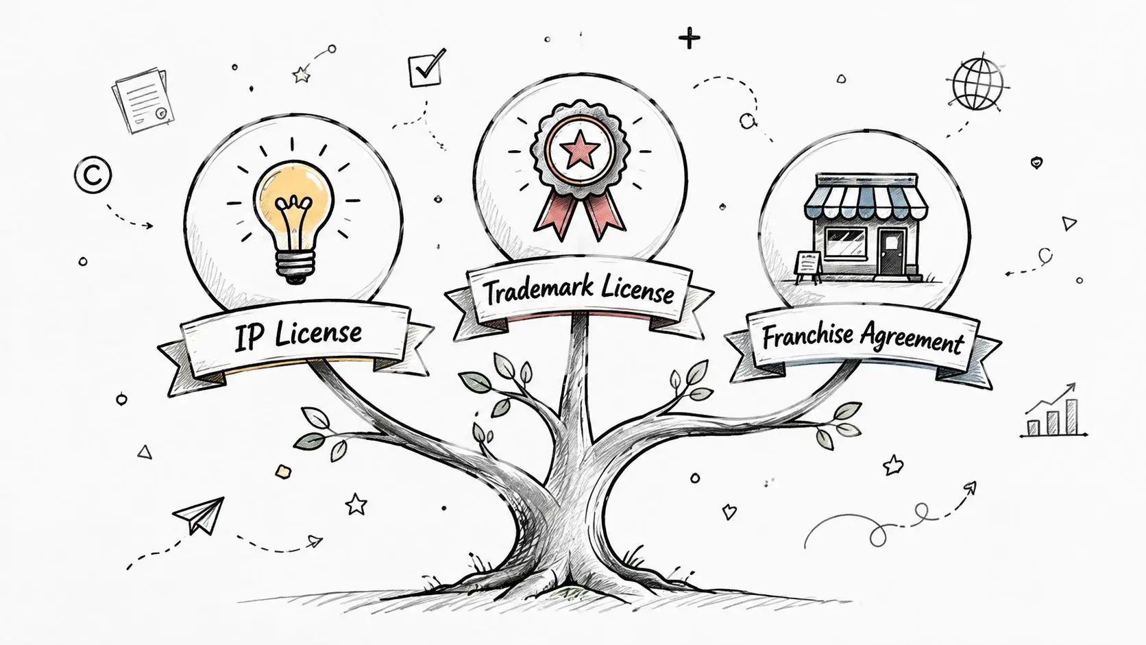 A hand-drawn illustration of a tree featuring IP License, Trademark License, and Franchise Agreement in circular bubbles.