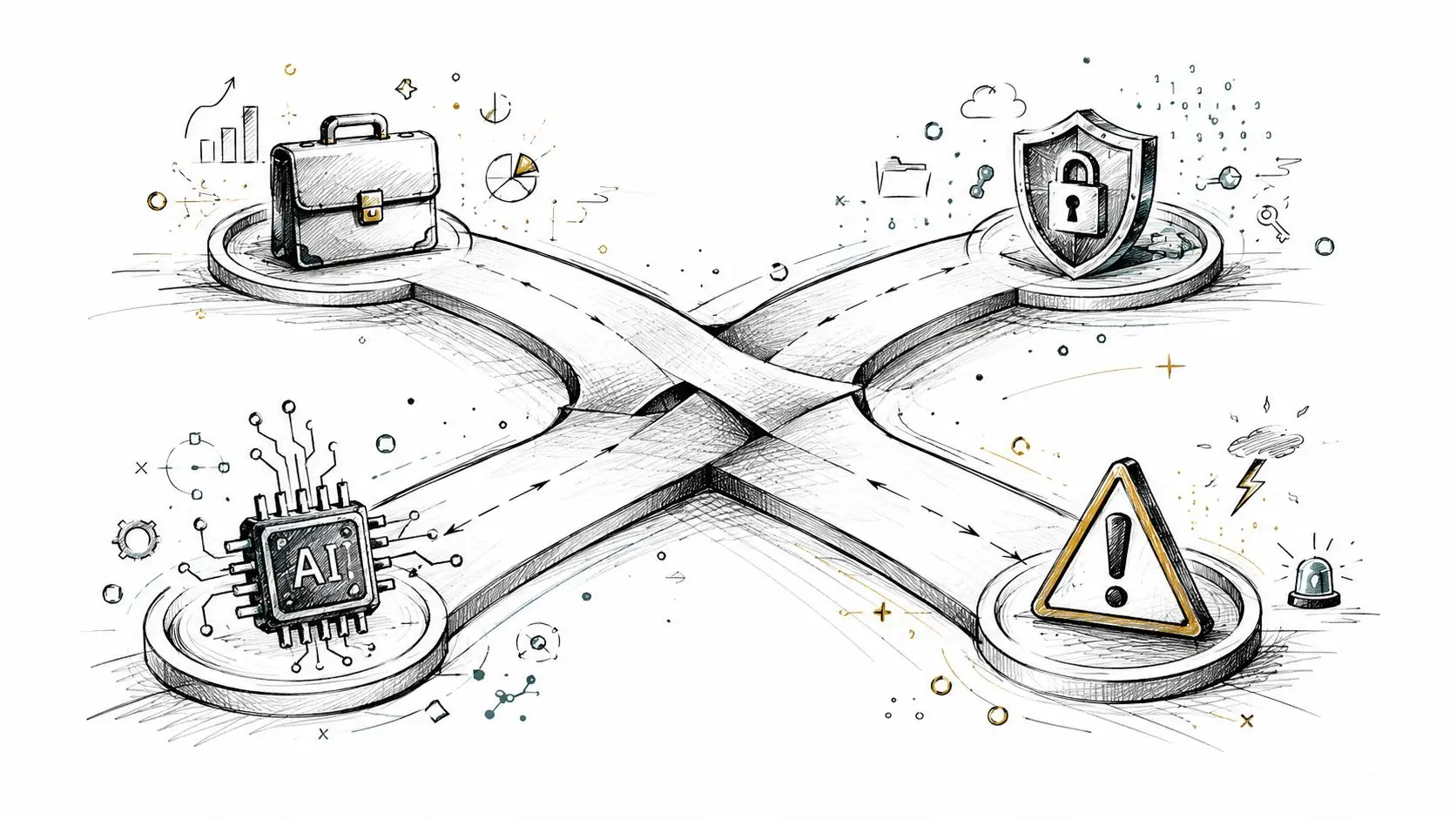 A hand-drawn illustration showing paths connecting business, AI technology, security, and risk warning icons.
