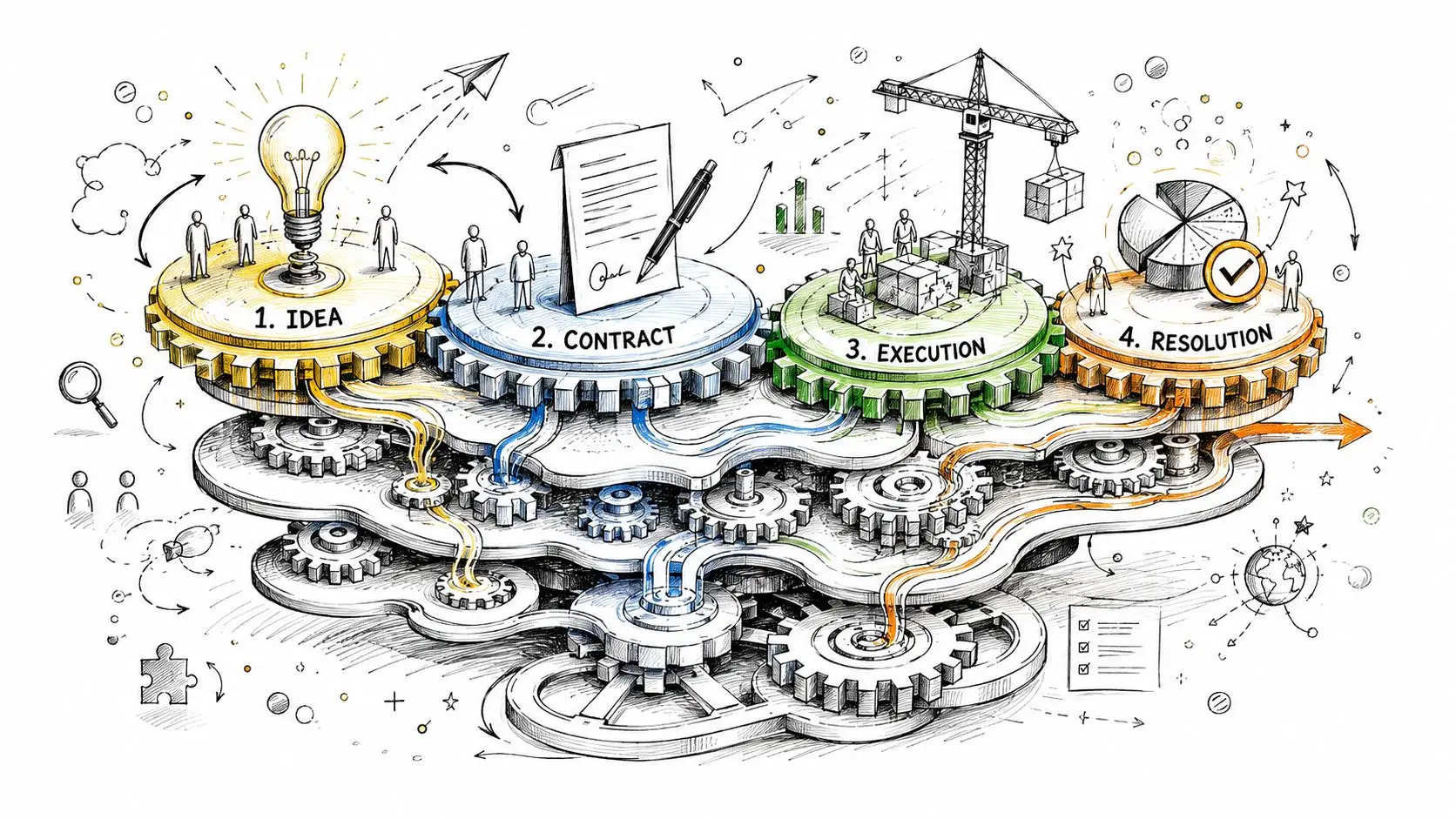 An artistic hand-drawn sketch showing a four-step business process from idea and contract to execution and resolution.
