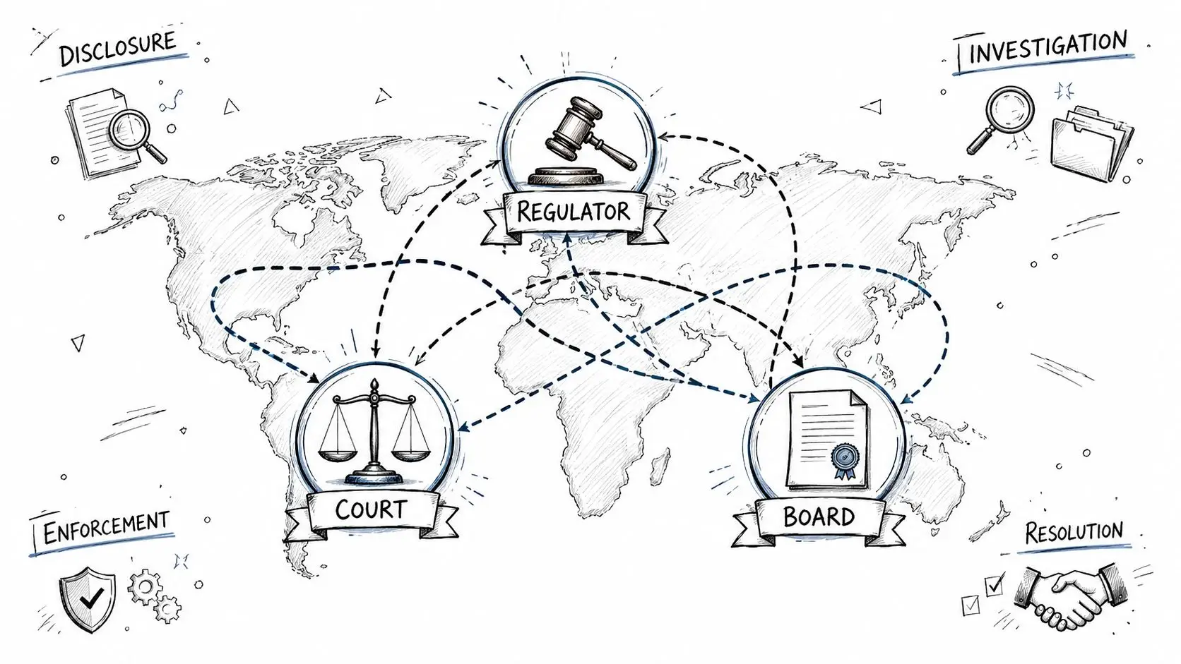 A conceptual hand-drawn diagram illustrating the relationship between a regulator, court, and board globally.