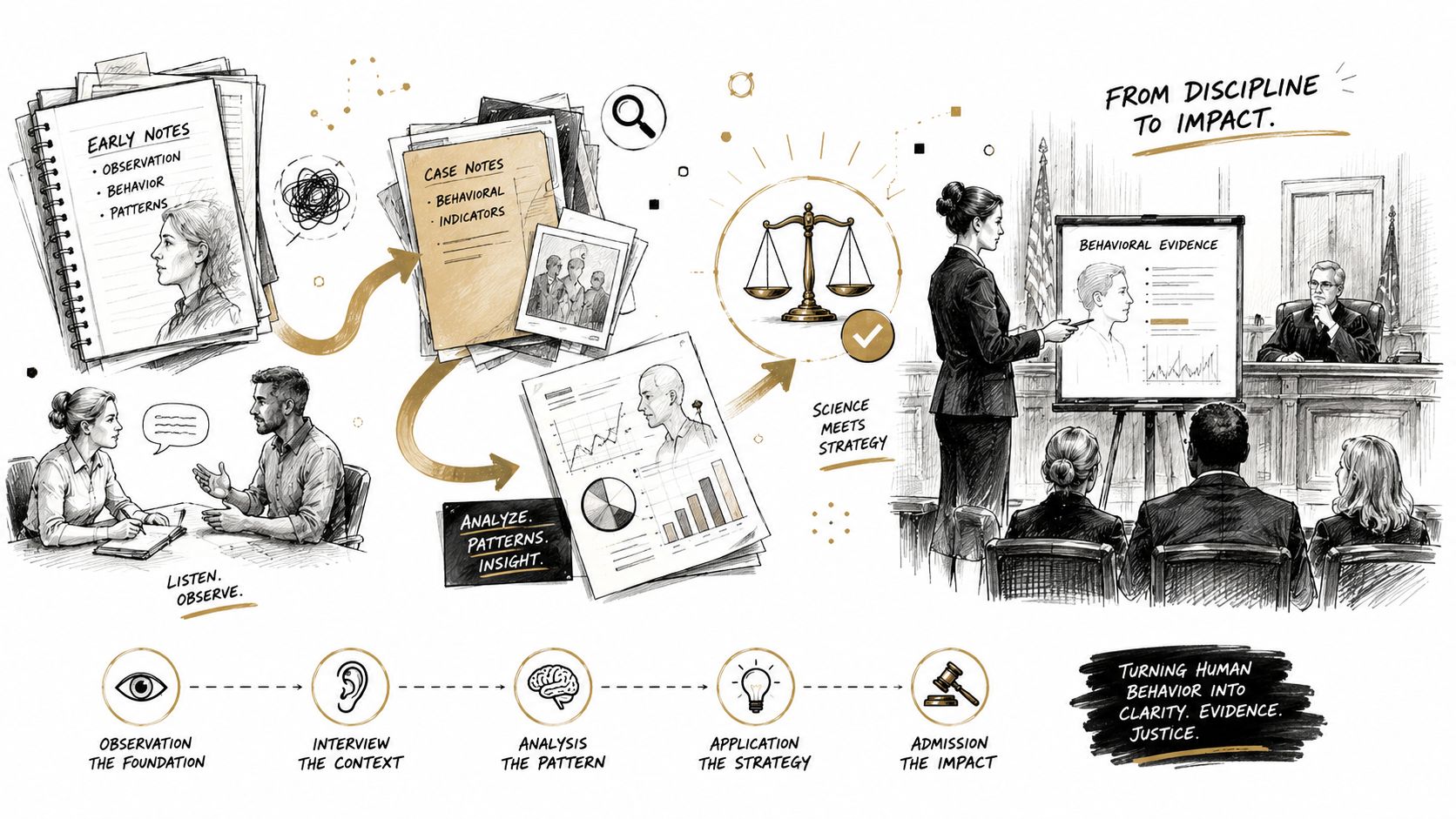 A professional illustration depicting the forensic analysis process from initial behavioral observation to courtroom testimony and justice.