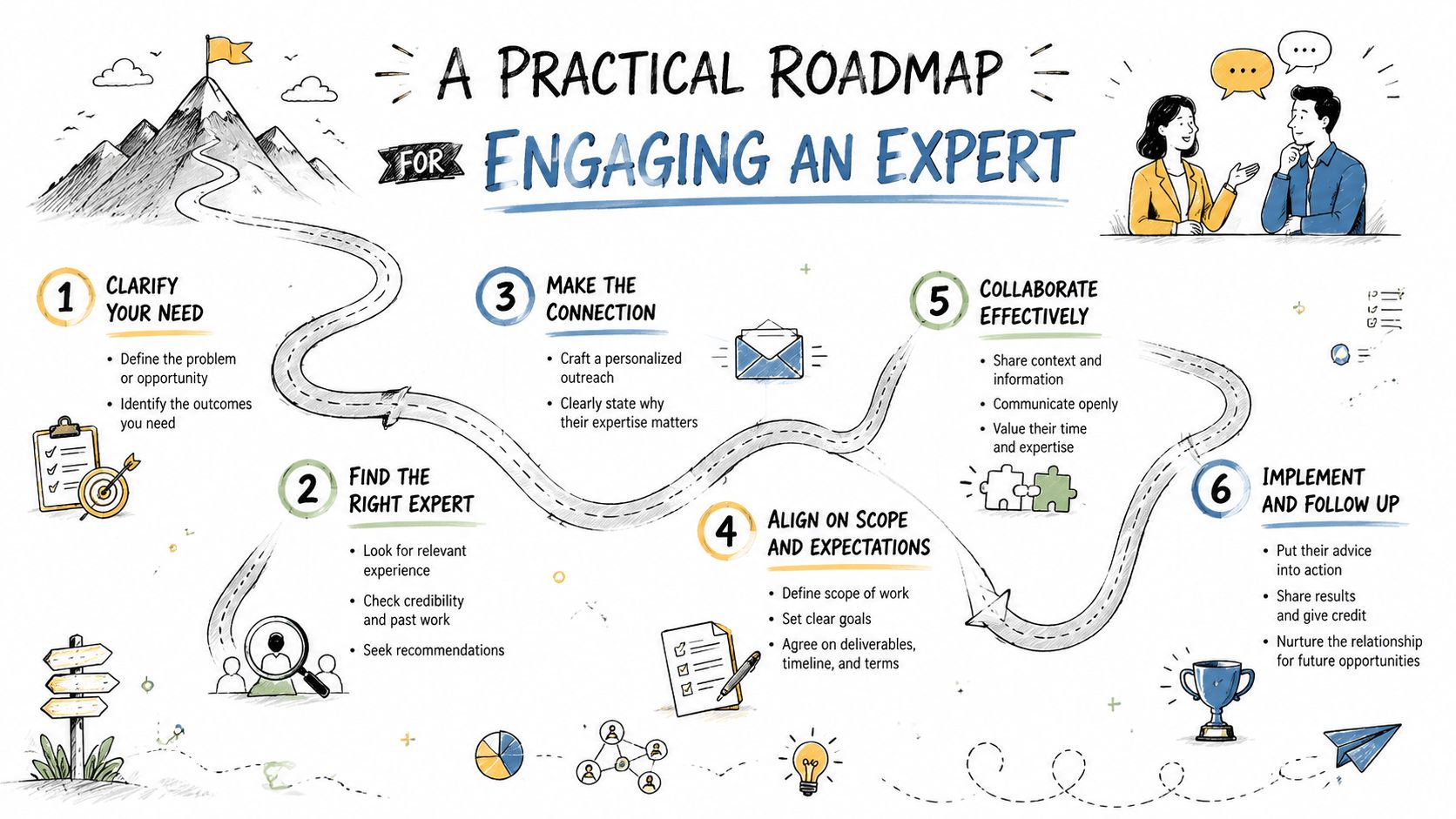 A visual roadmap illustration outlining six steps for successfully engaging and collaborating with an expert consultant.