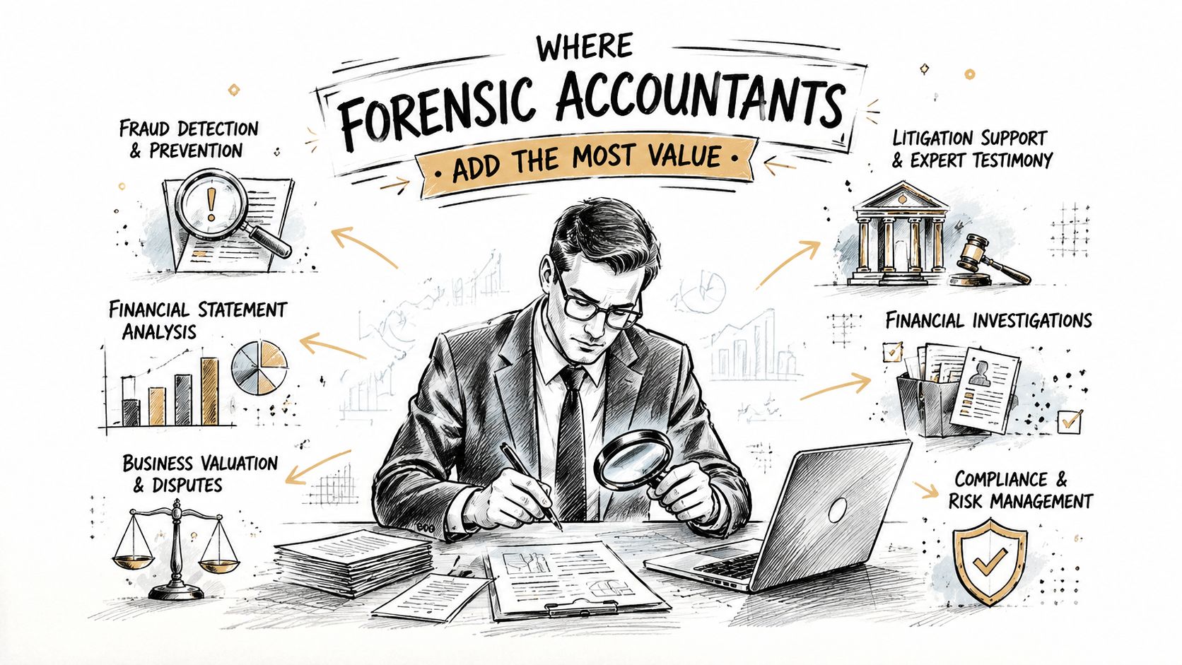 A professional forensic accountant working at a desk surrounded by financial investigation, analysis, and litigation support icons.