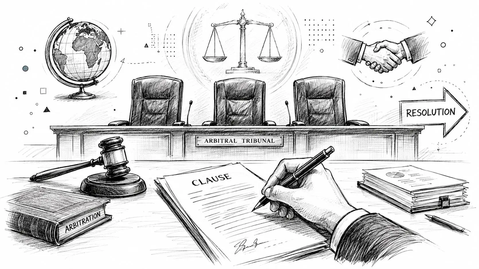 A professional illustration of an arbitral tribunal setting with a judge's gavel, legal documents, and contract signing.