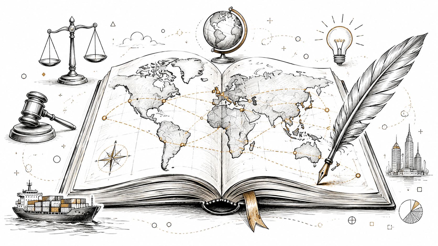 A detailed illustration of a world map in an open book with legal and trade symbols.