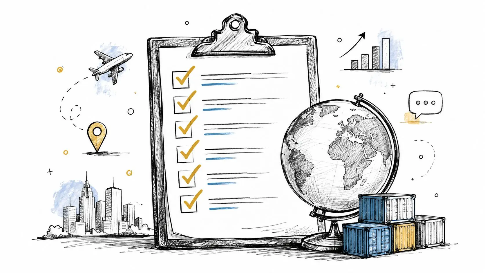 A hand-drawn illustration showing a clipboard, globe, shipping containers, and city skyline representing global risk management.