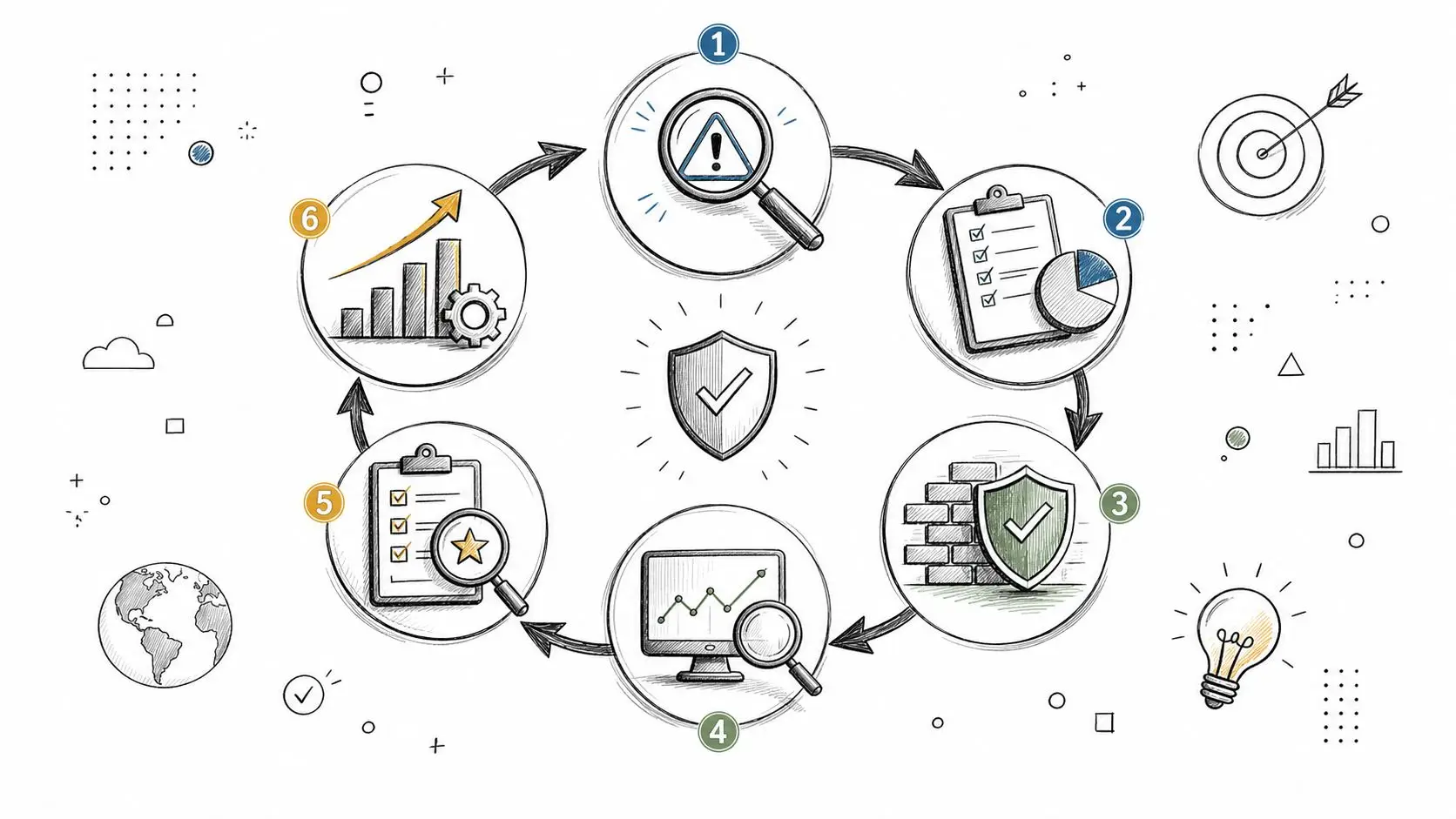 A circular diagram illustrating a six-step business risk management process with icons representing analysis, assessment, and protection.
