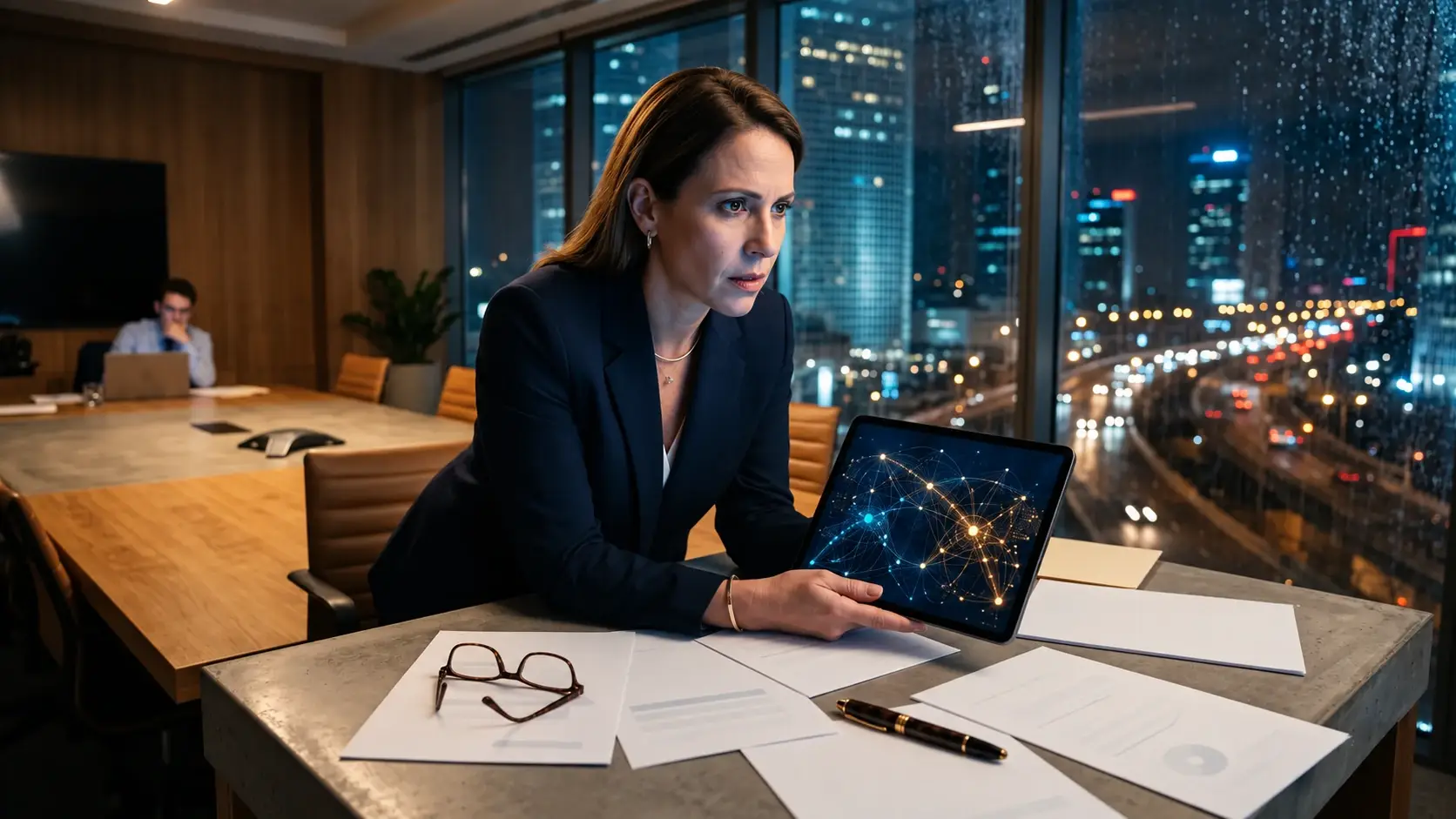 Business risk officer reviewing a visual fraud-risk network in a meeting room, illustrating corporate fraud prevention and board oversight.