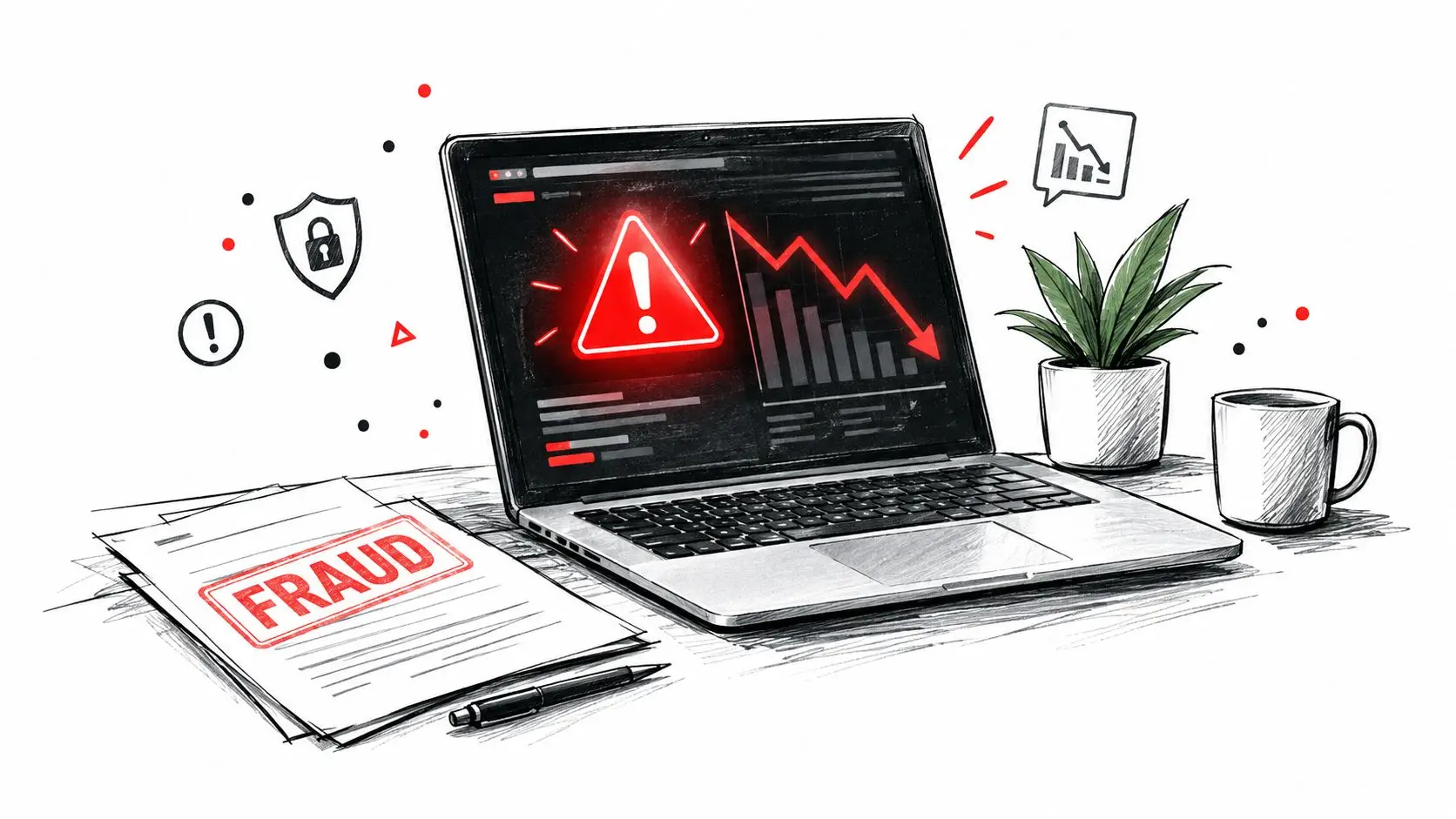 A laptop on a desk displaying a red warning symbol and a declining financial chart near fraud documents.