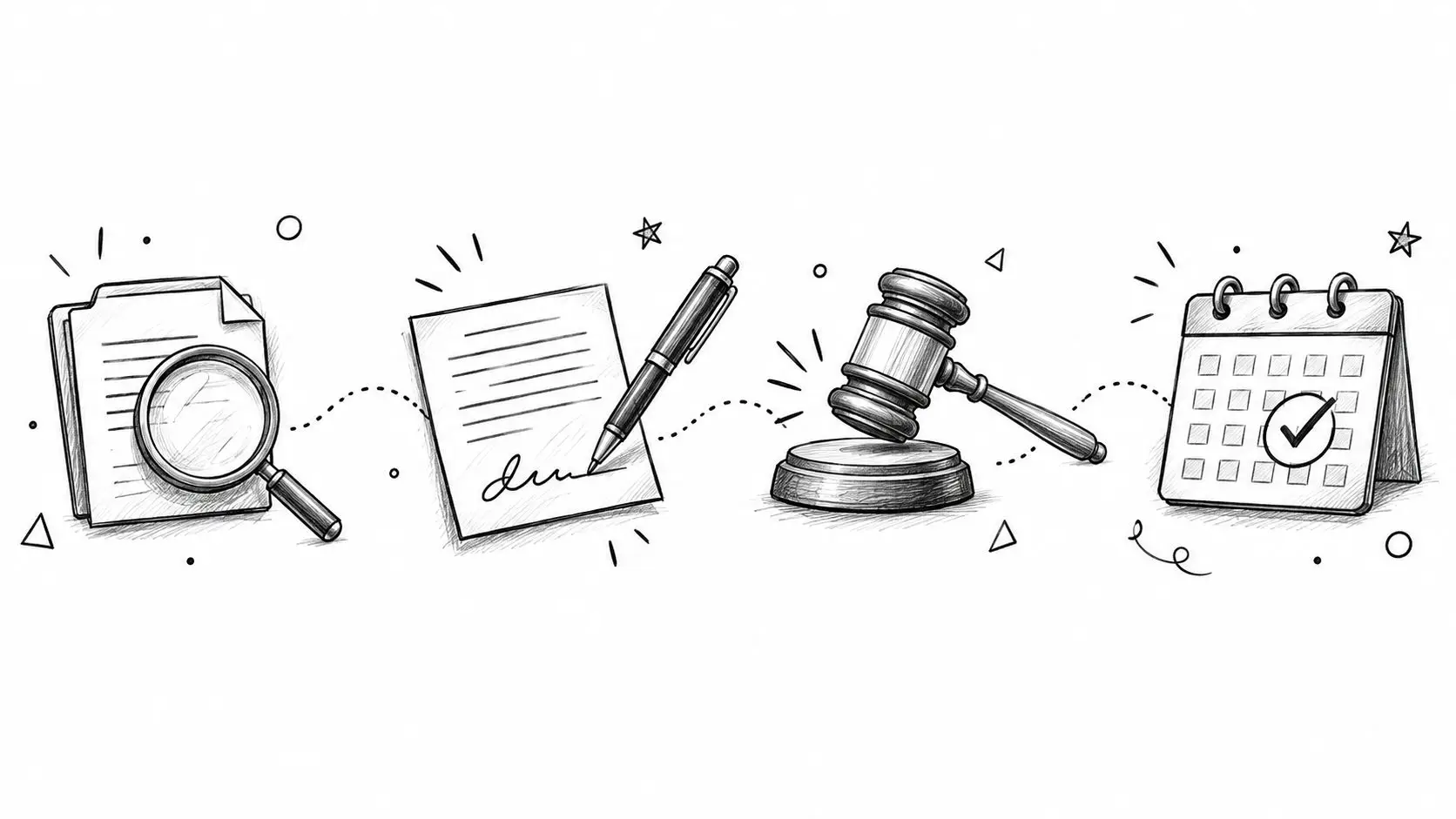 A hand-drawn illustration depicting the legal process involving document review, signing, courtroom gavel, and scheduling.