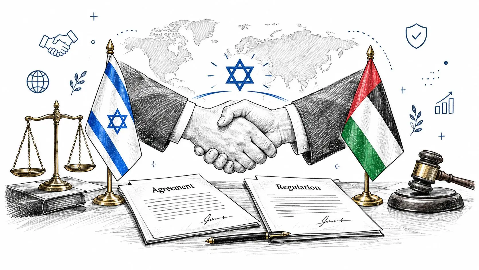 A conceptual illustration featuring a handshake between Israel and the UAE, legal documents, scales, and a gavel.