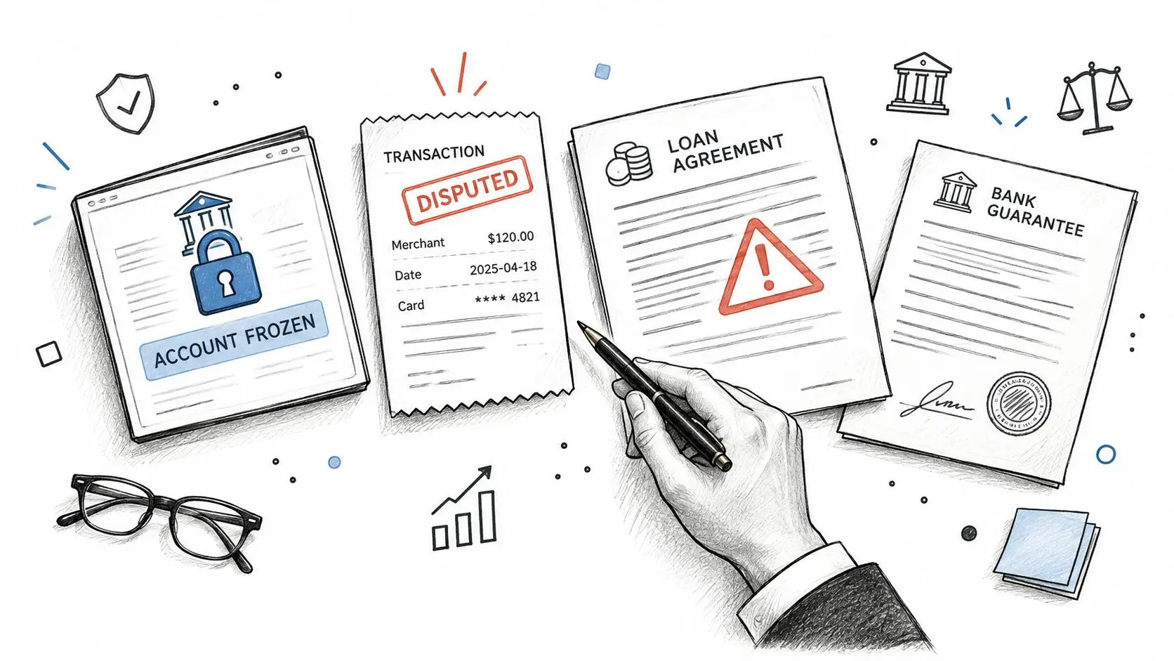 A hand holding a pen over legal financial documents including loan agreements, disputed transactions, and bank guarantees.