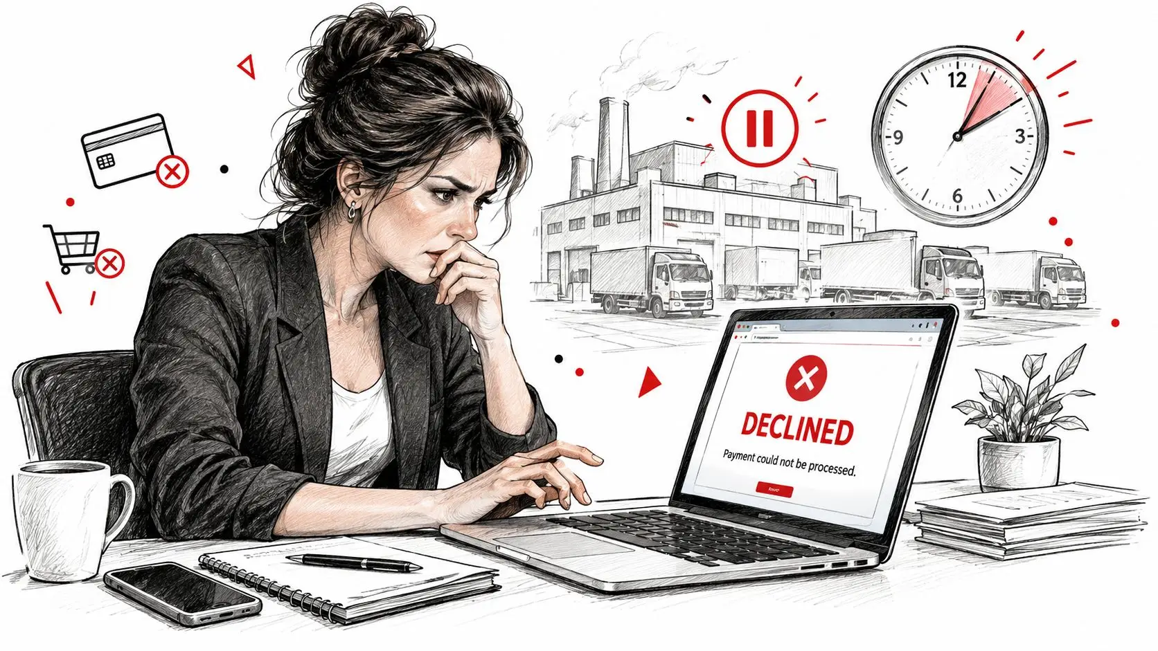 A concerned woman sitting at her desk looking at a computer screen showing a declined payment notification.