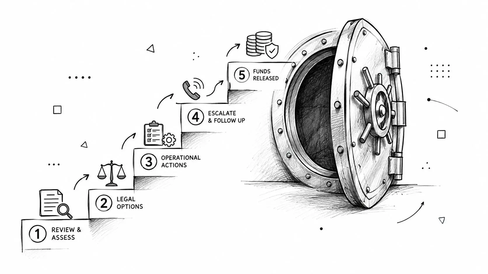 A sketched infographic showing a five-step financial recovery process leading to a bank vault opening.