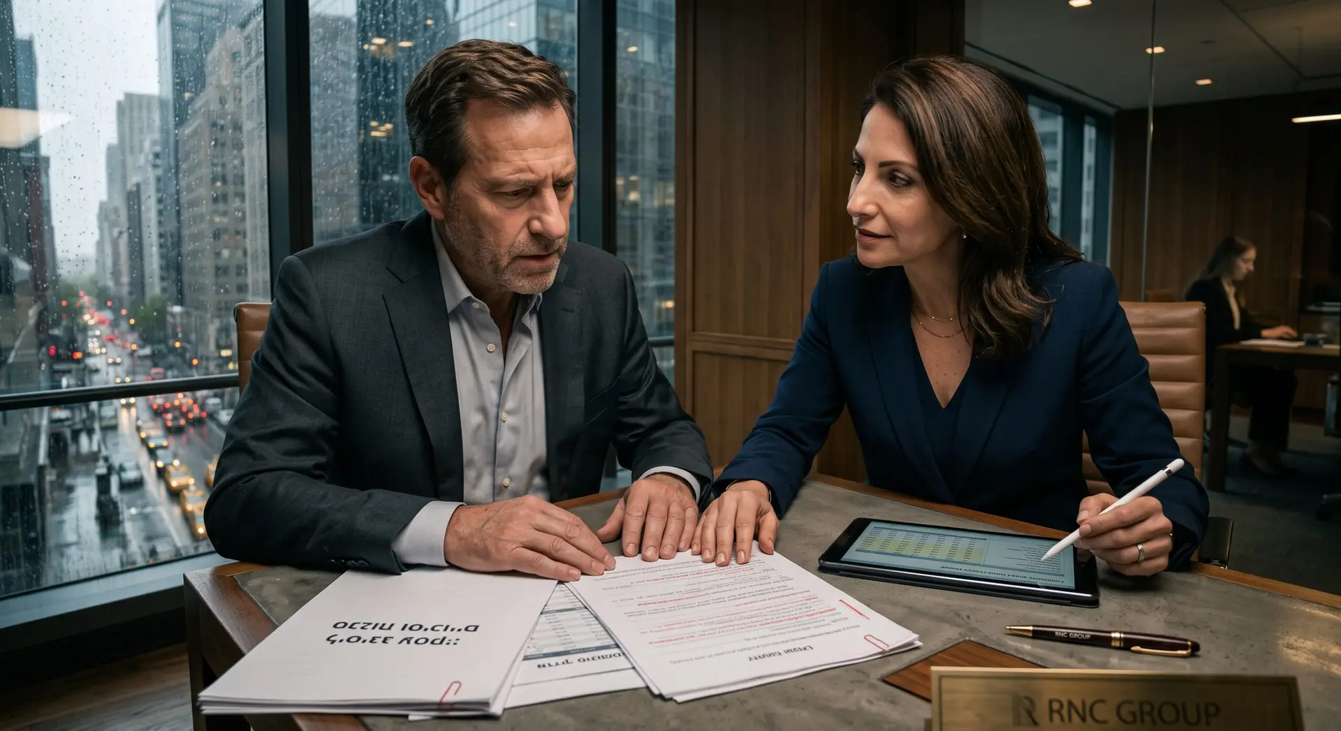 Corporate CFO and female lawyer closely reviewing dangerous clauses in a complex commercial lease agreement.