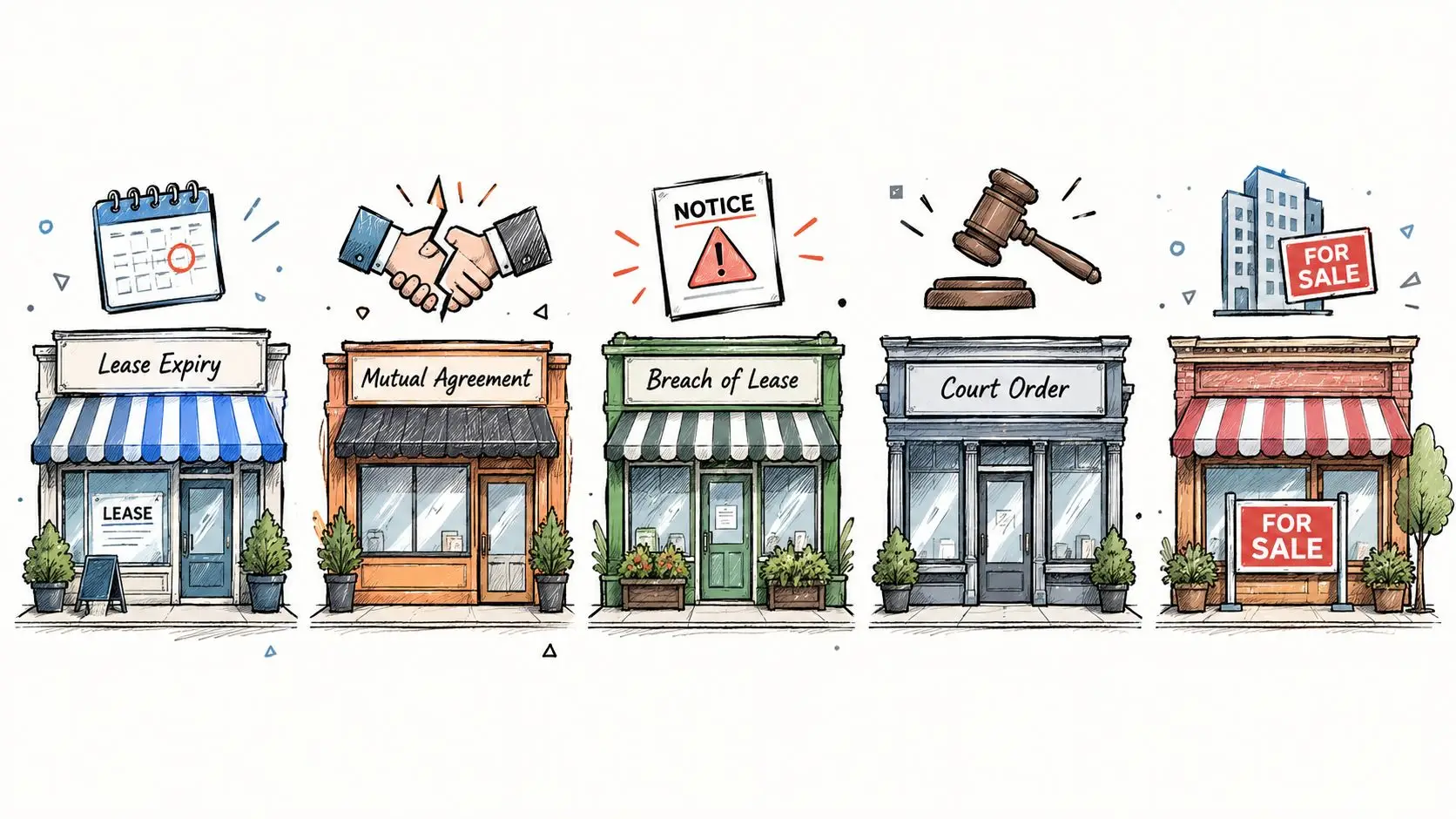 A sequence of five shopfronts illustrating different stages of commercial lease termination, from expiry to sale.