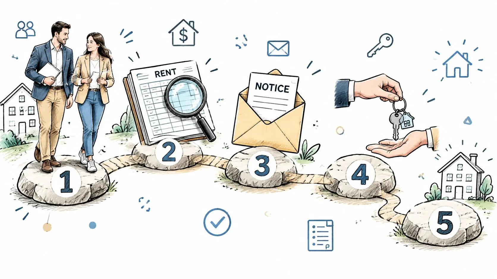 A five-step process illustration showing people, rent evaluation, lease notices, handing over keys, and property management.
