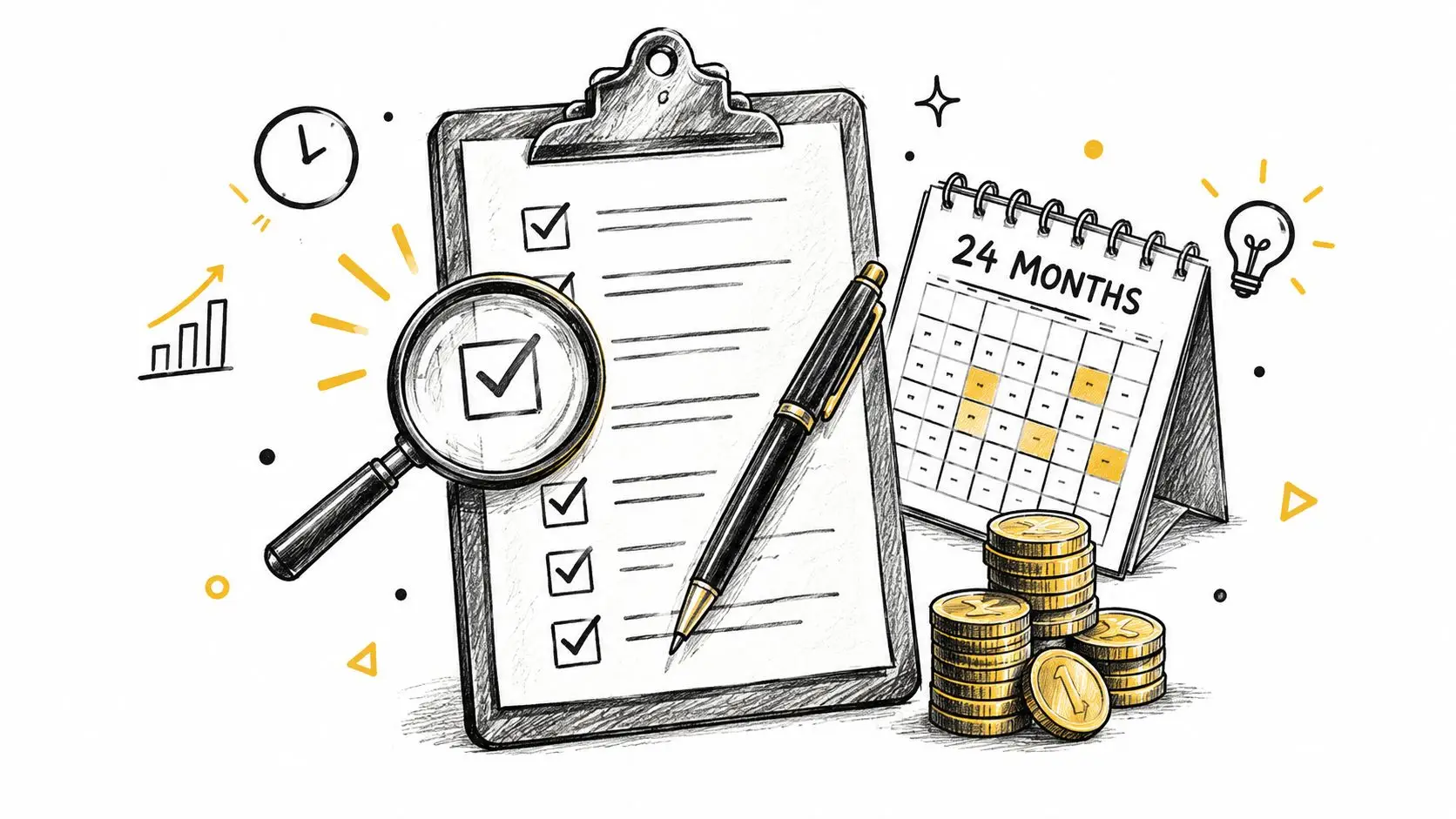 A hand-drawn illustration showing a clipboard checklist, magnifying glass, pen, 24-month calendar, and stacks of coins.
