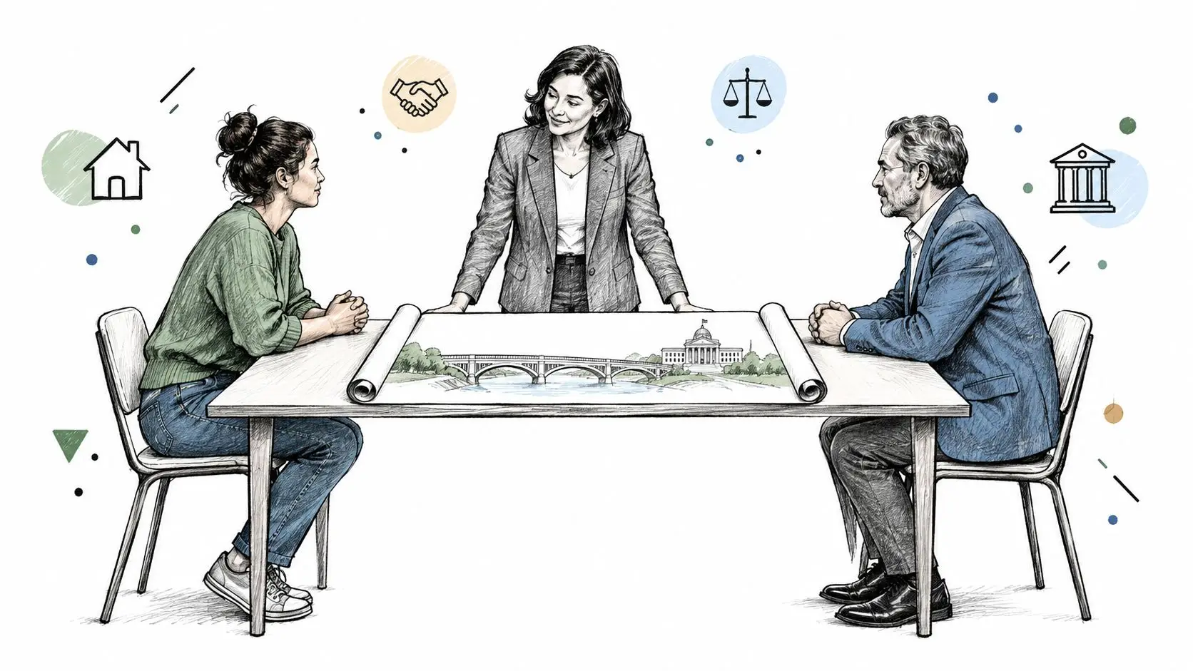 A commercial leasing lawyer mediating a meeting between two clients reviewing project blueprints at a table.