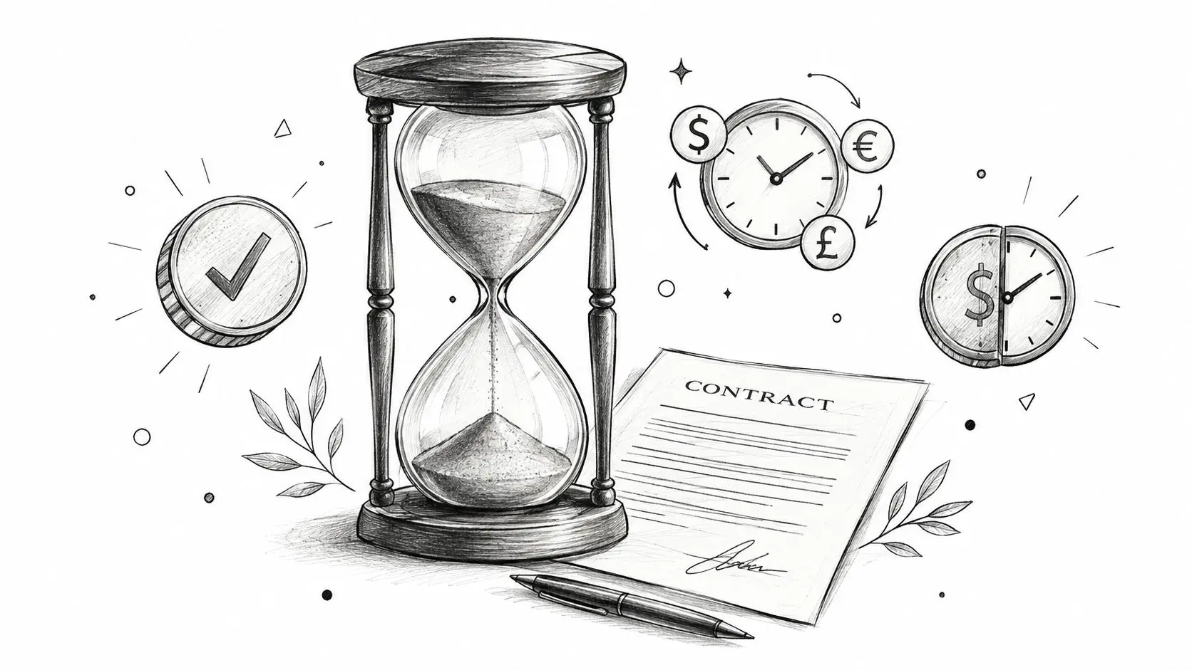 A pencil sketch of an hourglass, a contract with a pen, and various financial symbols representing time management.