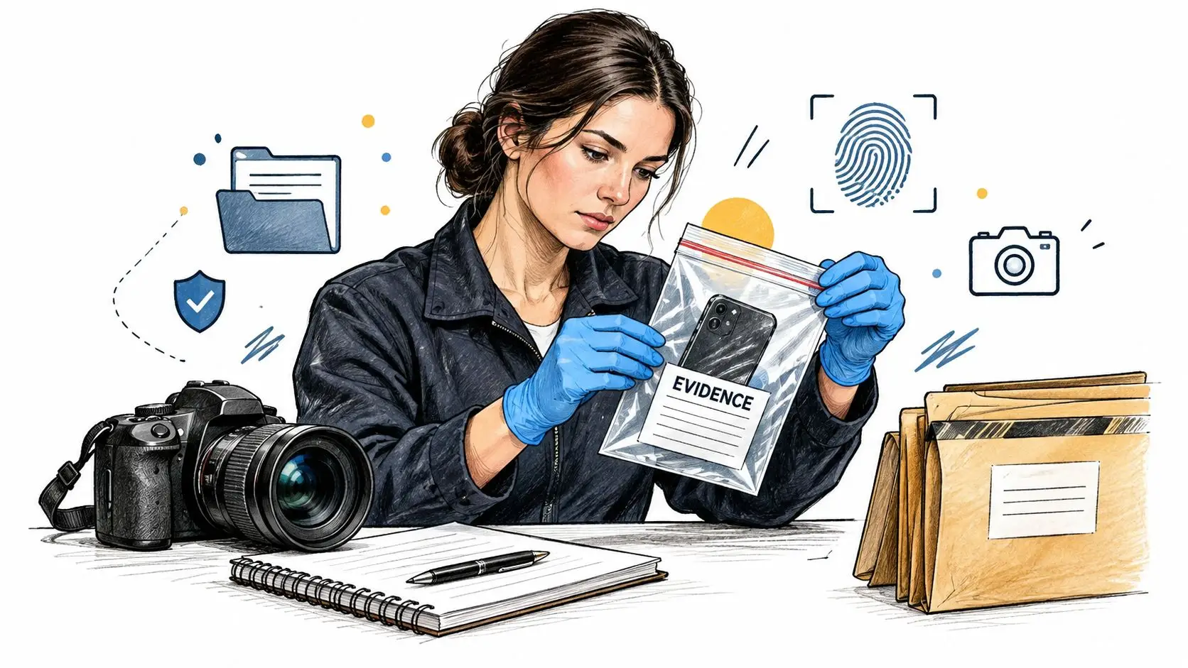 A forensic investigator examining a smartphone inside an evidence bag while surrounded by investigative icons.