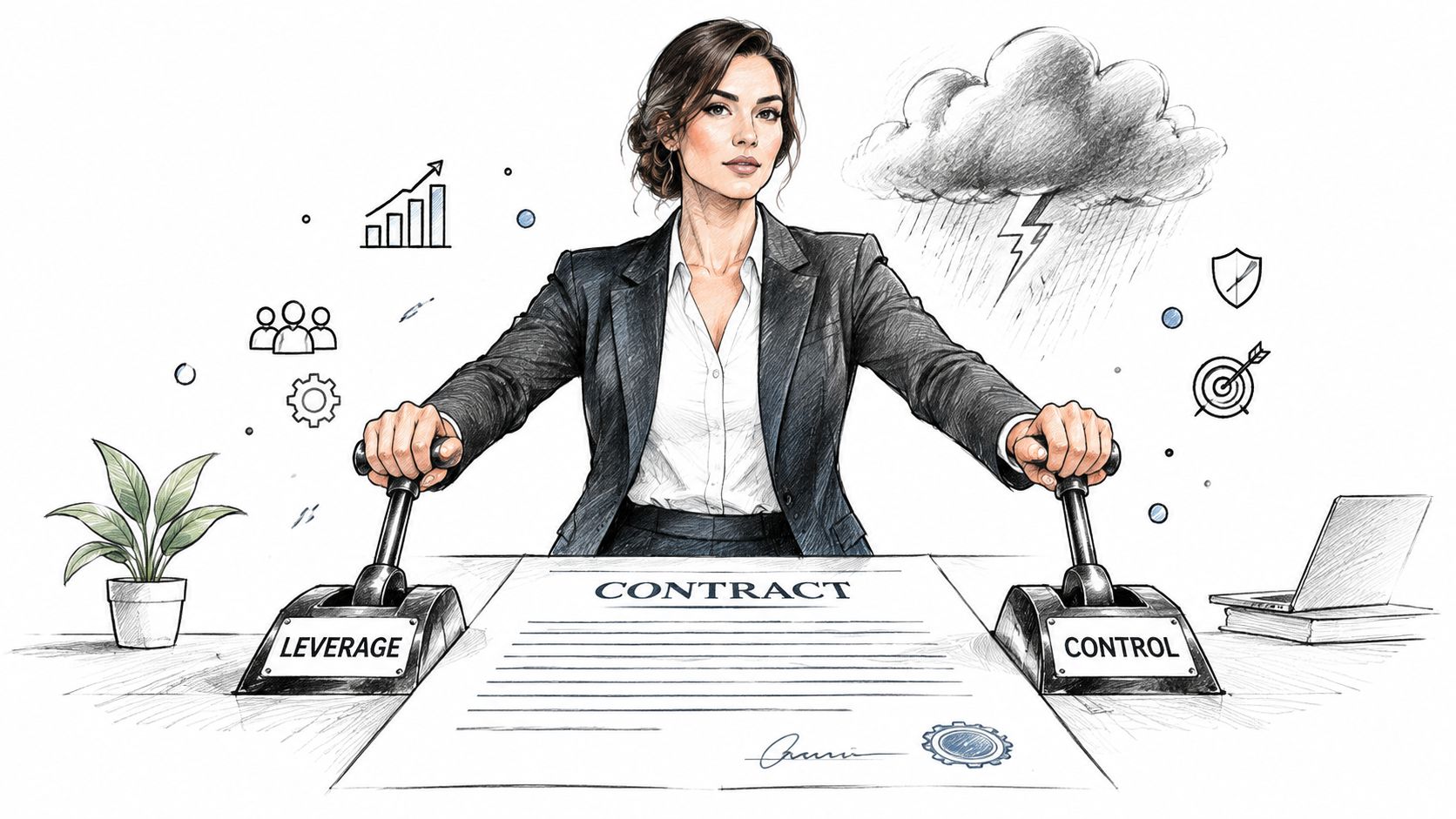 A professional businesswoman standing behind a desk with levers labeled leverage and control over a contract.