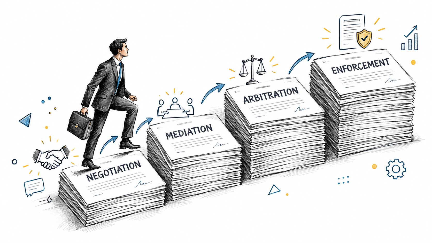 A businessman climbing a staircase of document stacks representing the stages of contract dispute resolution.