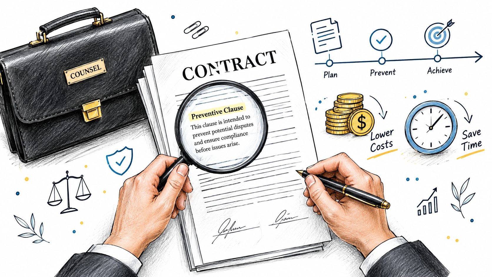 A legal professional reviewing a contract clause with a magnifying glass to prevent future legal disputes.