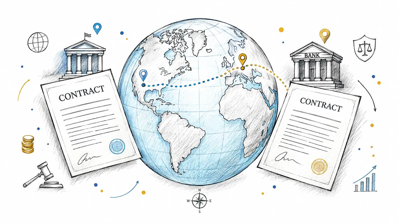 A hand-drawn illustration depicting global contracts, bank buildings, and legal symbols representing international legal enforcement.