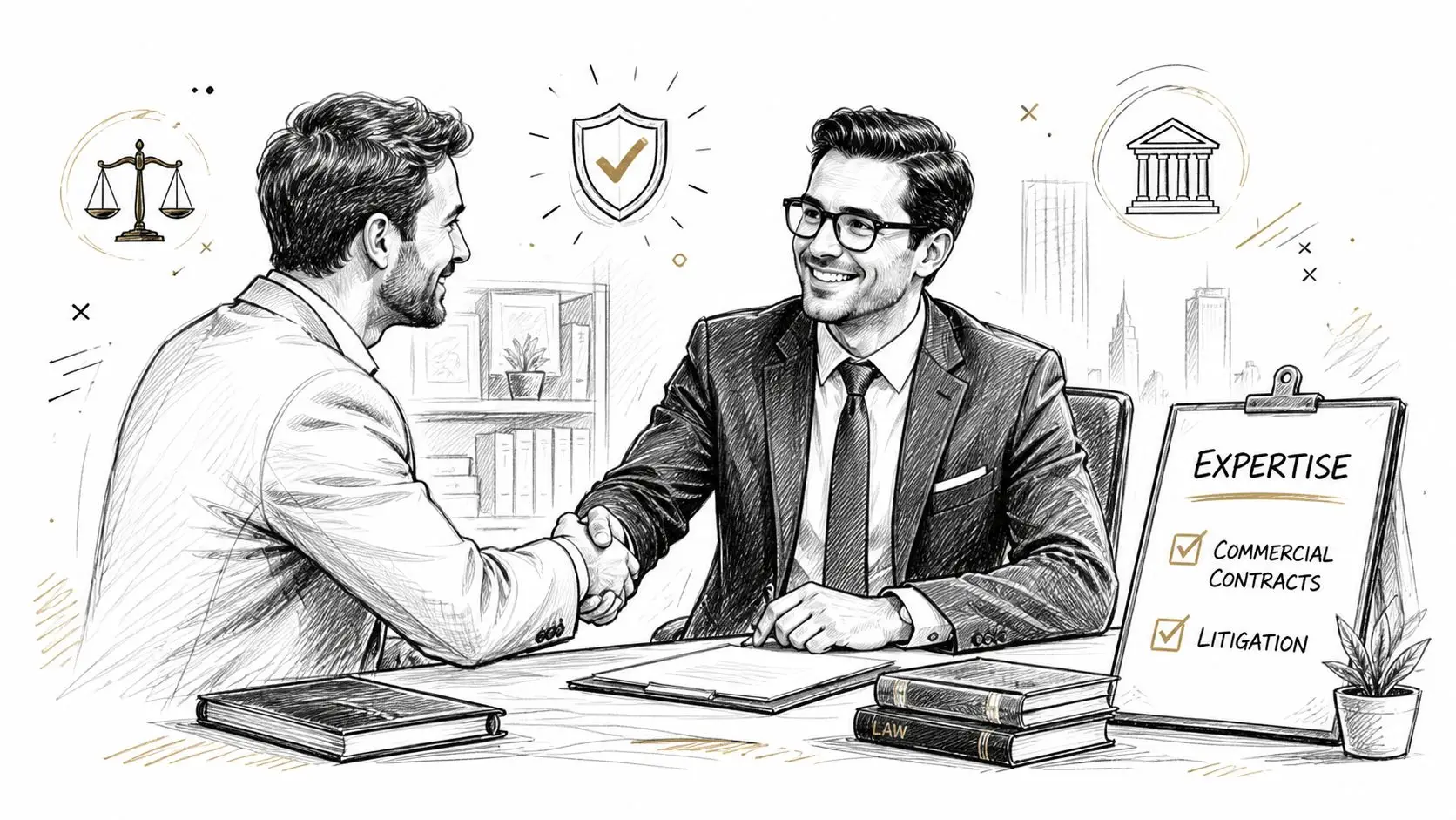 A professional attorney and client shaking hands across a desk with legal expertise documents and icons.