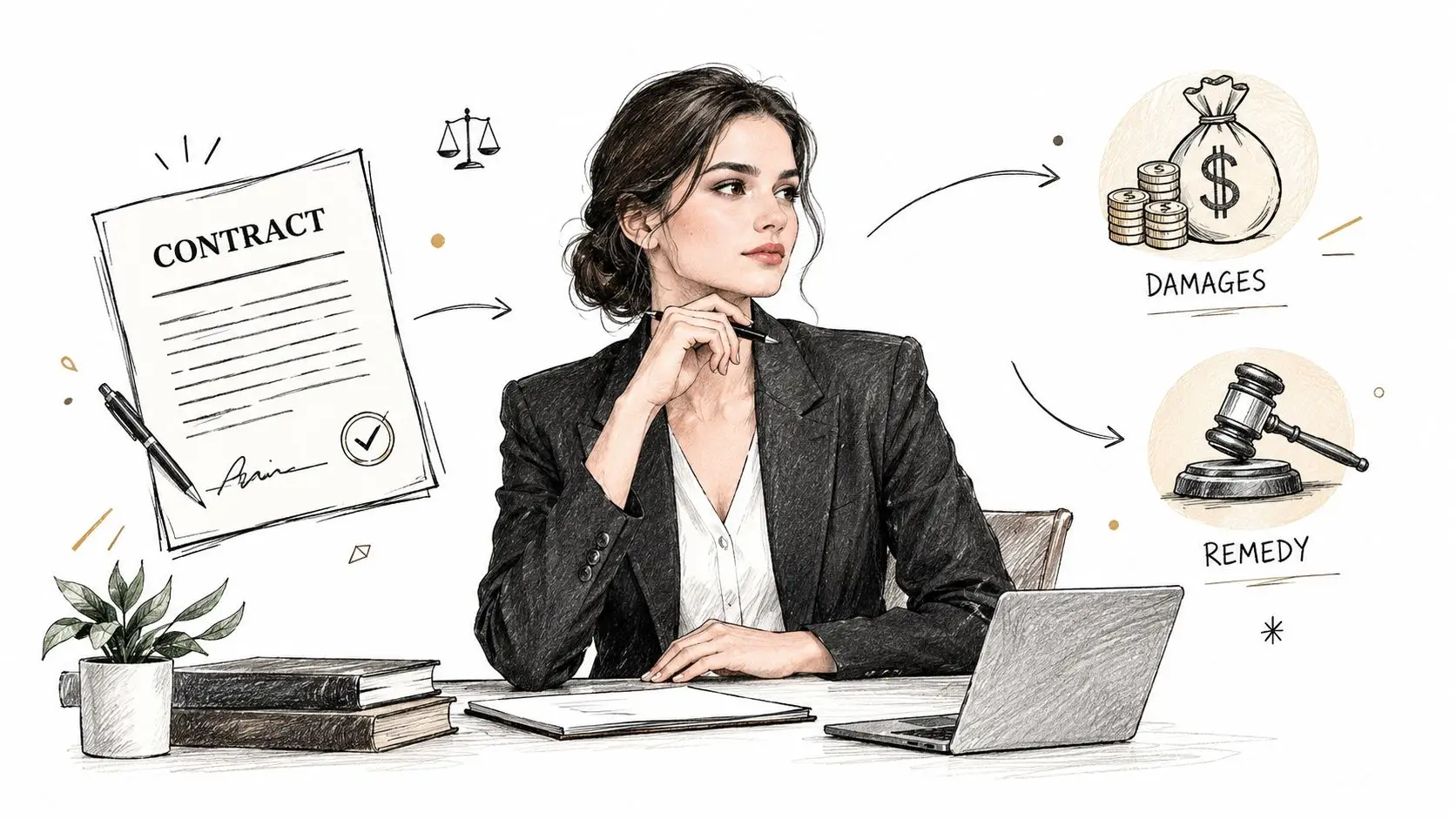 A professional female attorney sitting at a desk with a contract, legal remedies, and monetary damages illustrations.