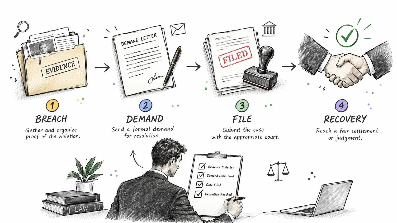 An infographic showing the four steps of legal contract enforcement: evidence, demand, filing, and case recovery.