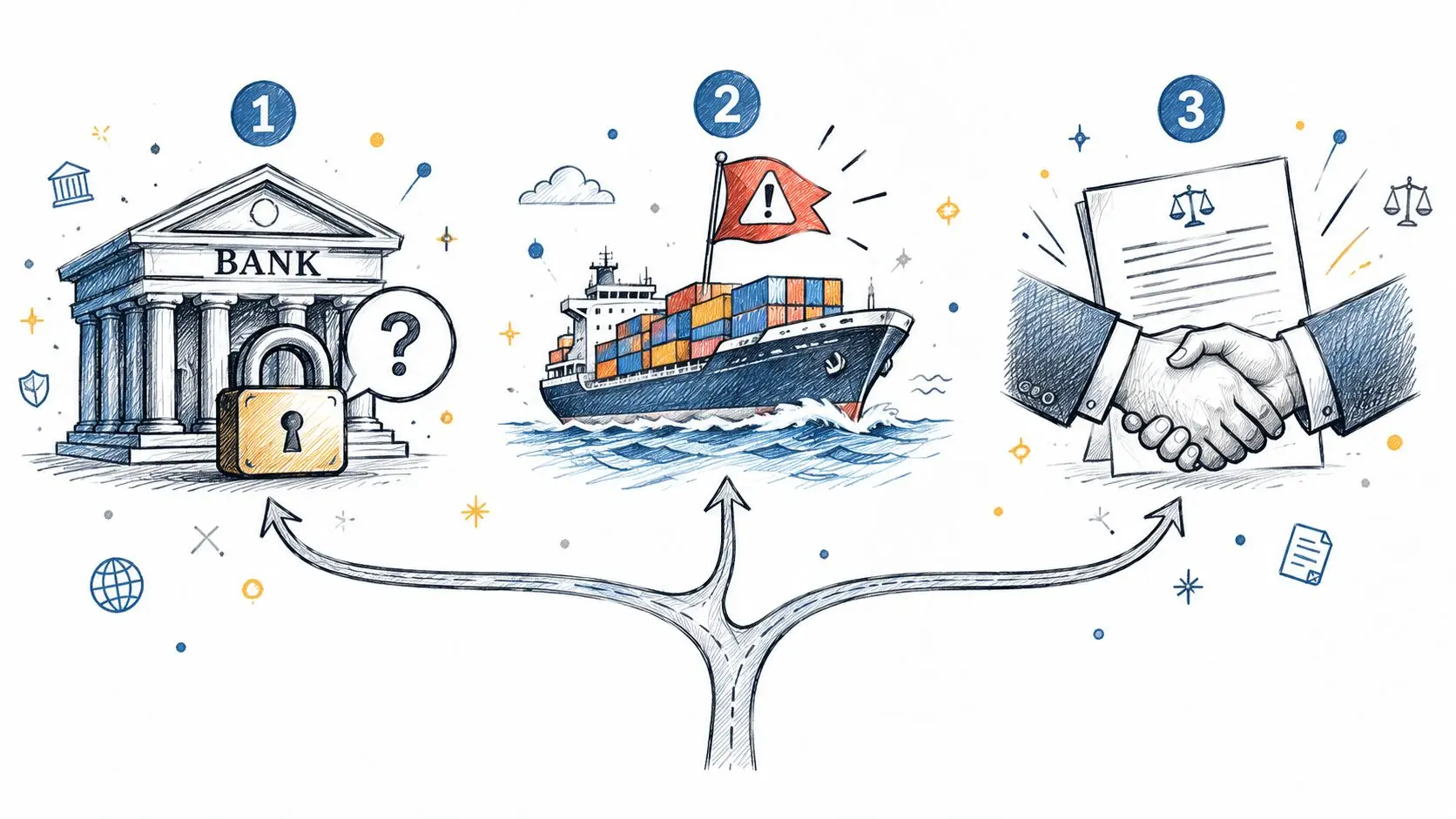 An illustration showing three steps involving a bank, a cargo ship in distress, and a legal agreement.