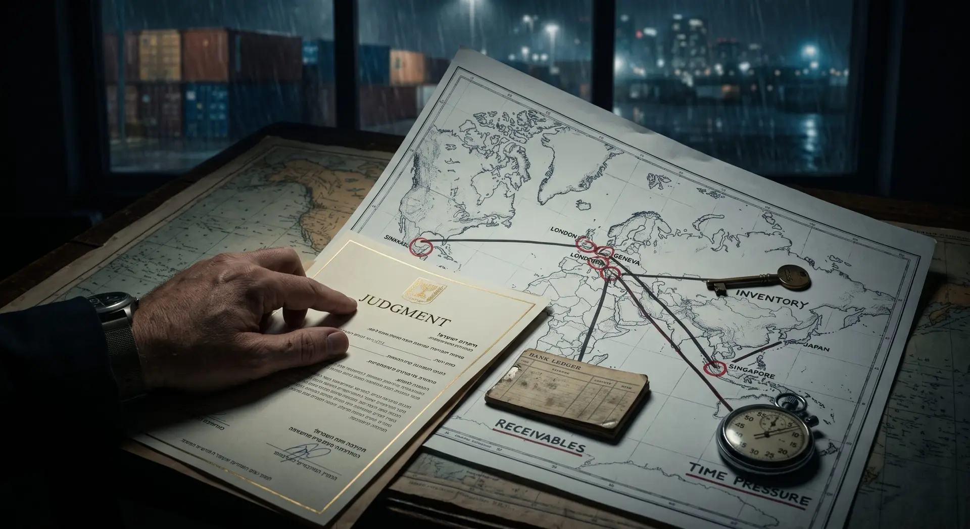 A close-up of a contract enforcement lawyer's hand placing a detailed map of cross-border assets next to a signed commercial judgment.