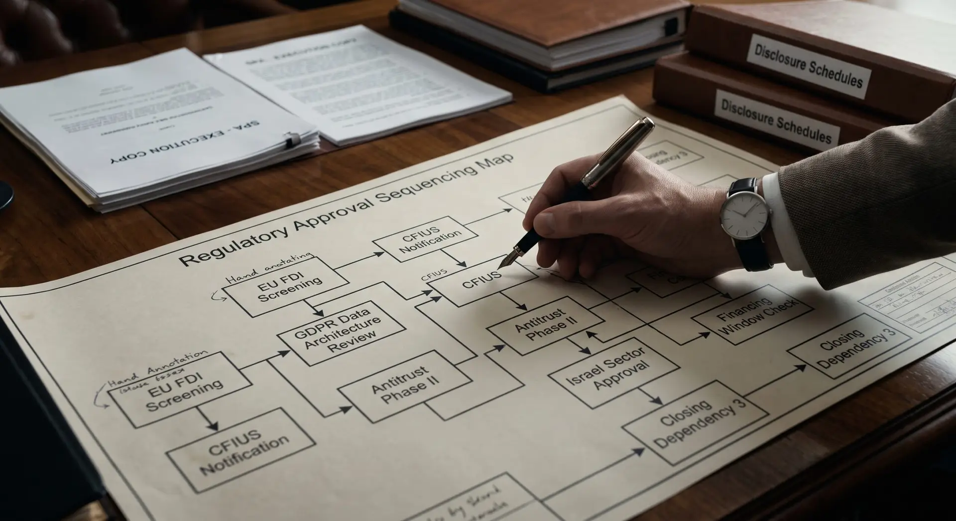 An ultra-realistic close-up of a detailed regulatory sequencing map for a complex cross-border M&A transaction, focusing on CFIUS and FDI gates