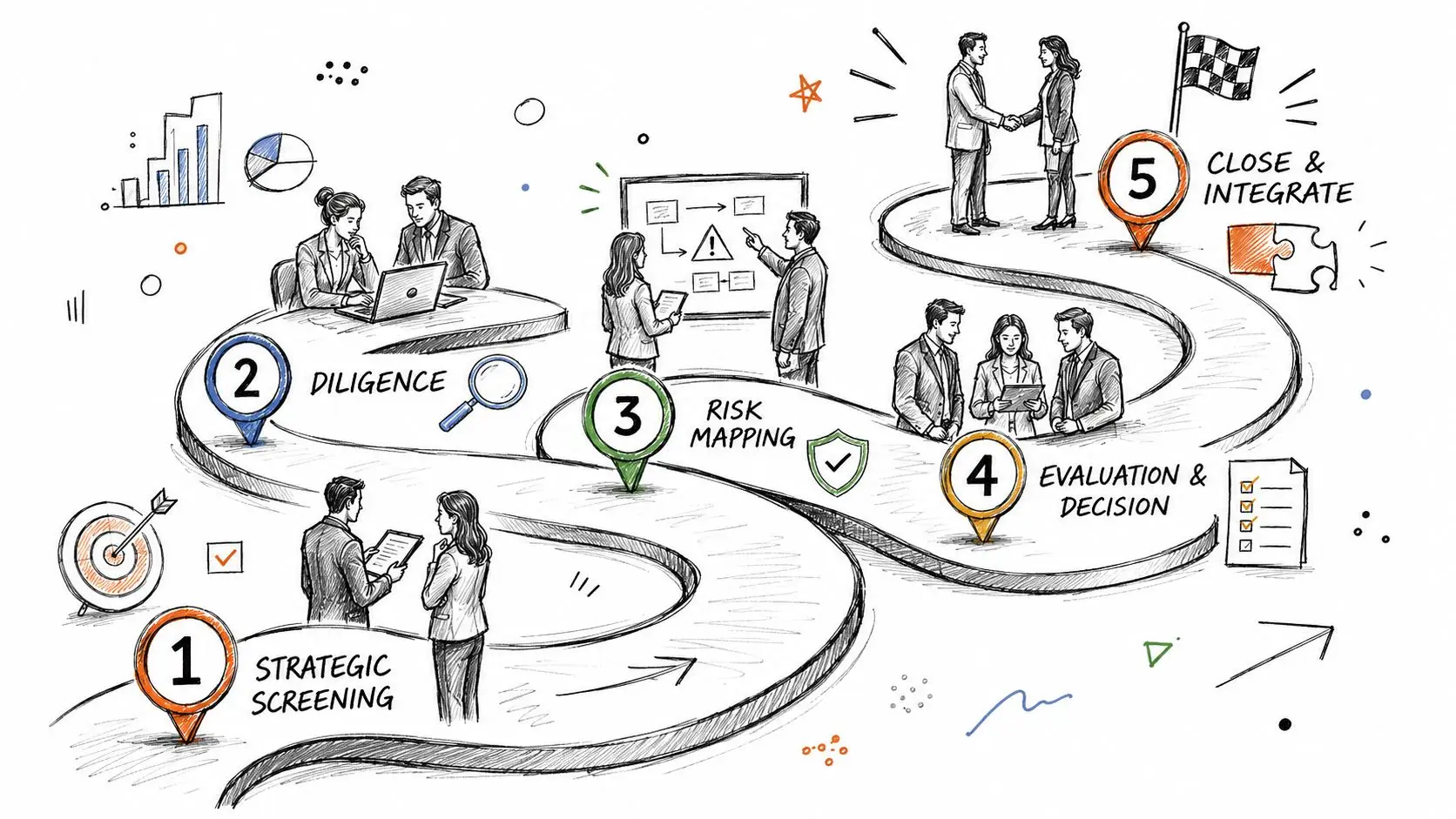 A hand-drawn illustration depicting a five-step business process flow for merger and acquisition strategy.