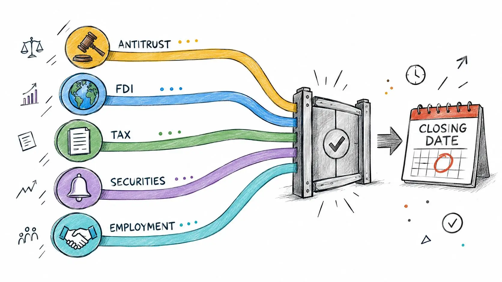 A diagram illustrating cross border merger regulatory processes including antitrust, FDI, tax, securities, and employment considerations.