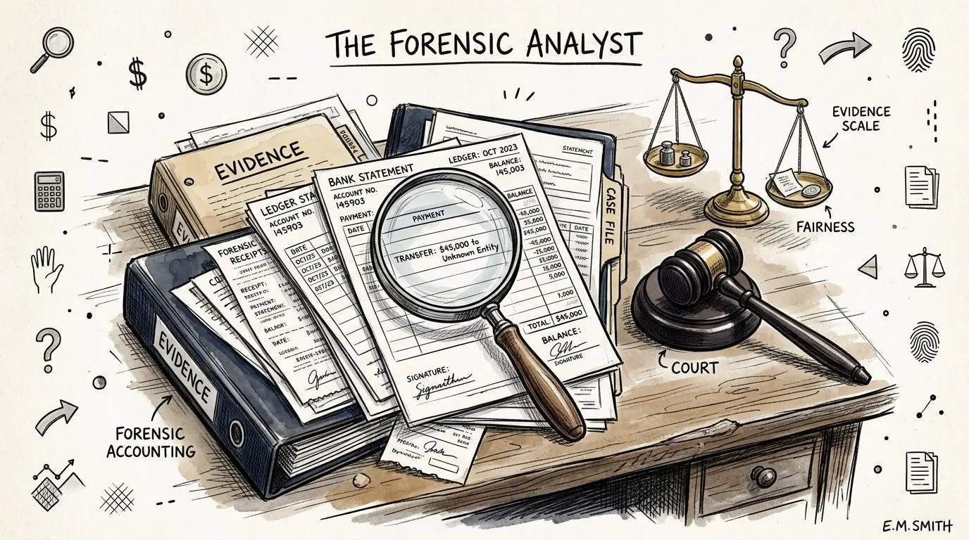 A professional illustration of a forensic accountant's desk featuring financial documents, a magnifying glass, gavel, and scales.