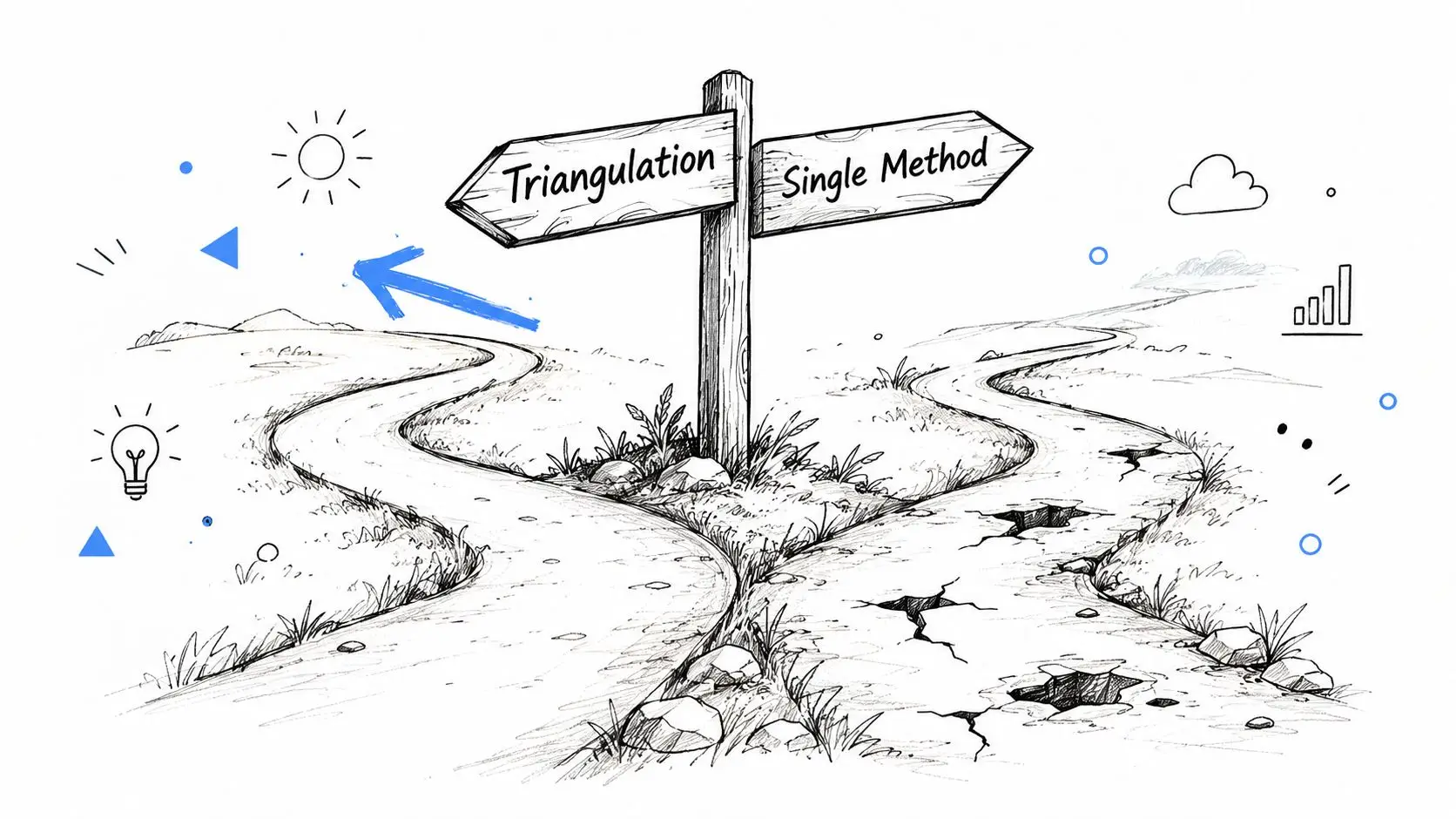 A hand-drawn illustration showing a fork in the road with signs pointing to Triangulation and Single Method.