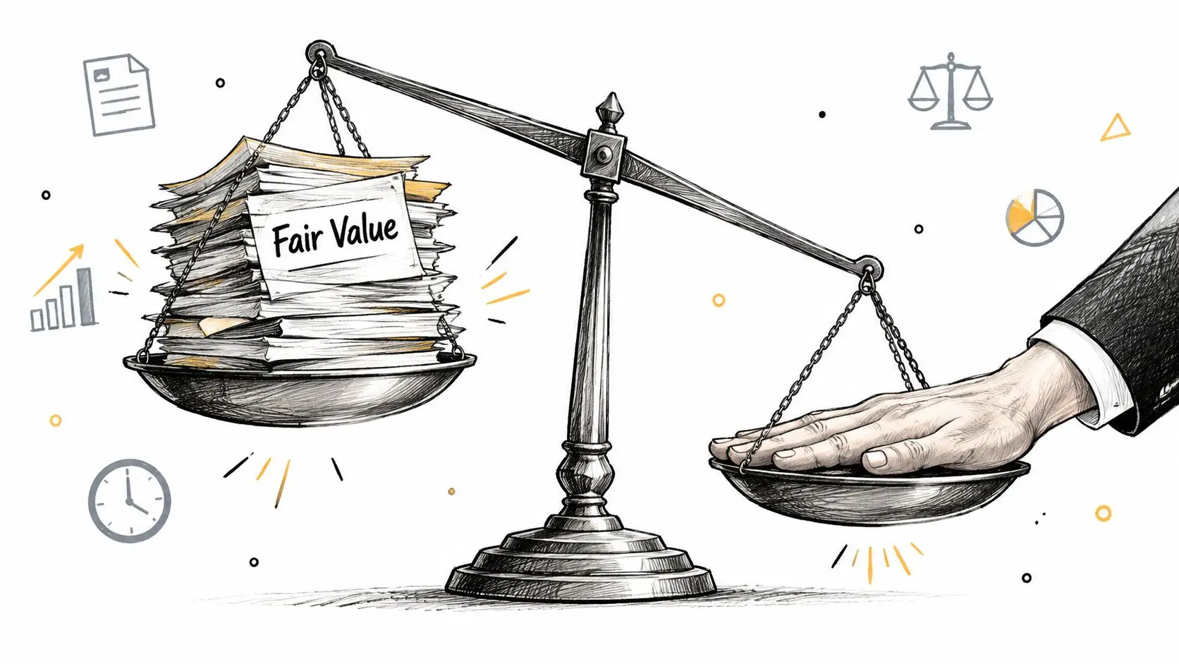 A hand pressing down on a scale to balance a large stack of papers labeled Fair Value.