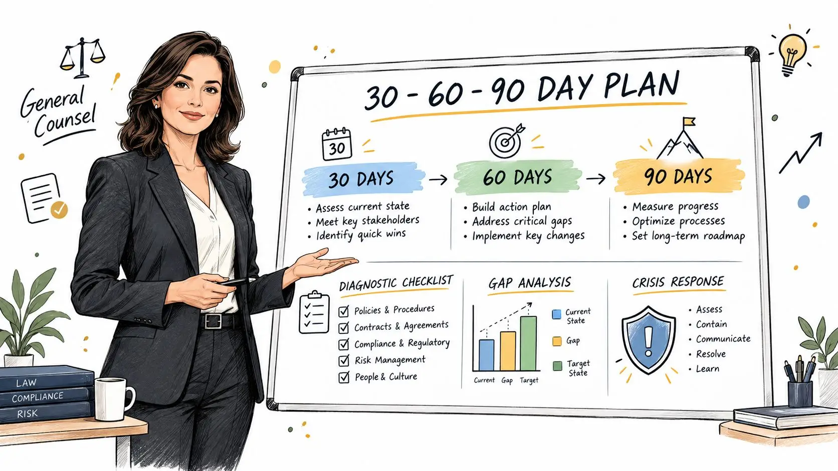 A professional woman presenting a 30-60-90 day strategic plan for general counsel on a whiteboard.
