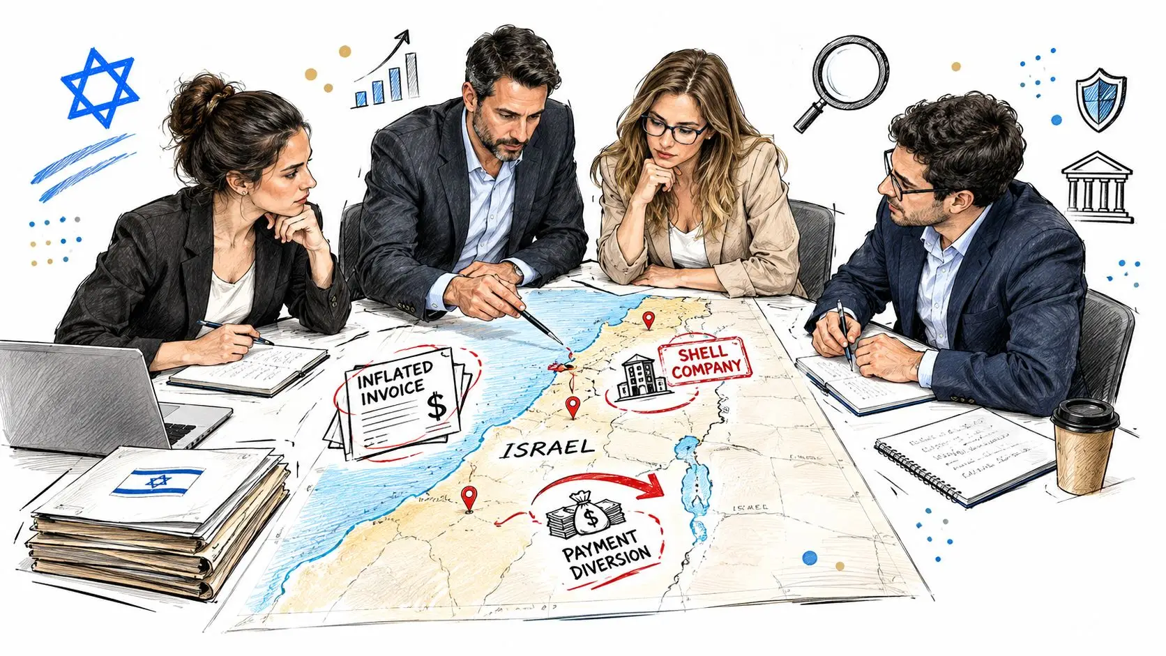 A professional team of investigators collaborating over a map analyzing financial fraud and money laundering schemes.